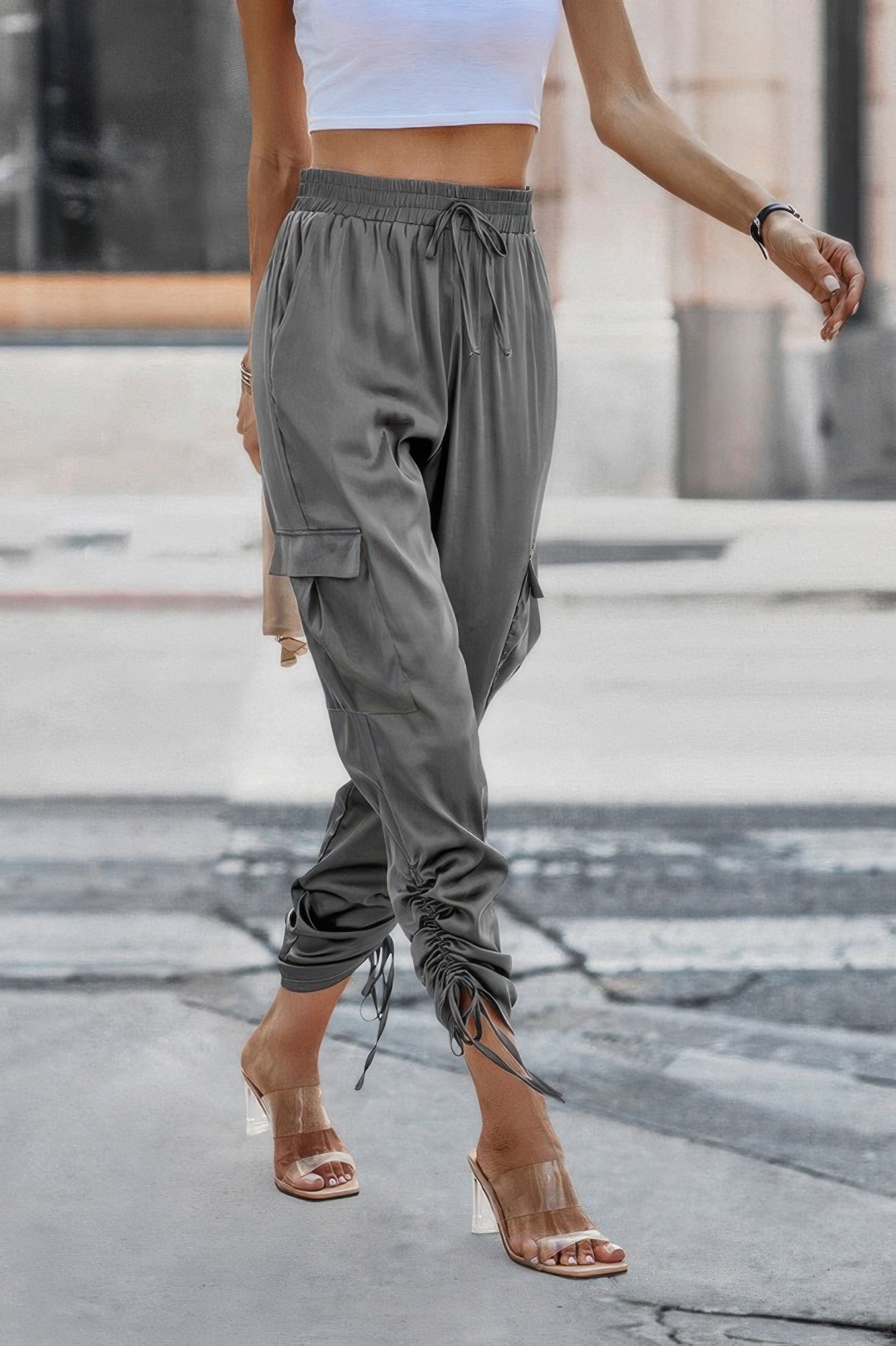 Solid Drawstring Hem Flap Pocket Side Stacked Pant - Tigbul's Variety Fashion Shop