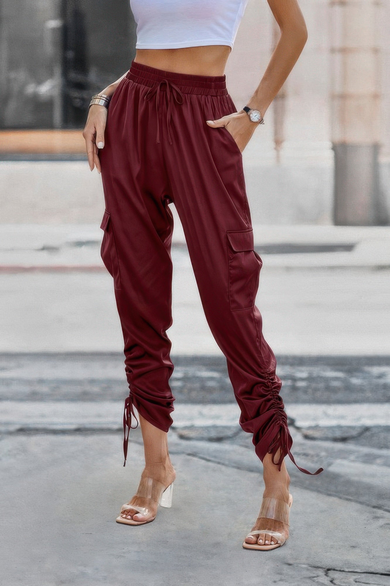 Solid Drawstring Hem Flap Pocket Side Stacked Pant - Tigbul's Variety Fashion Shop