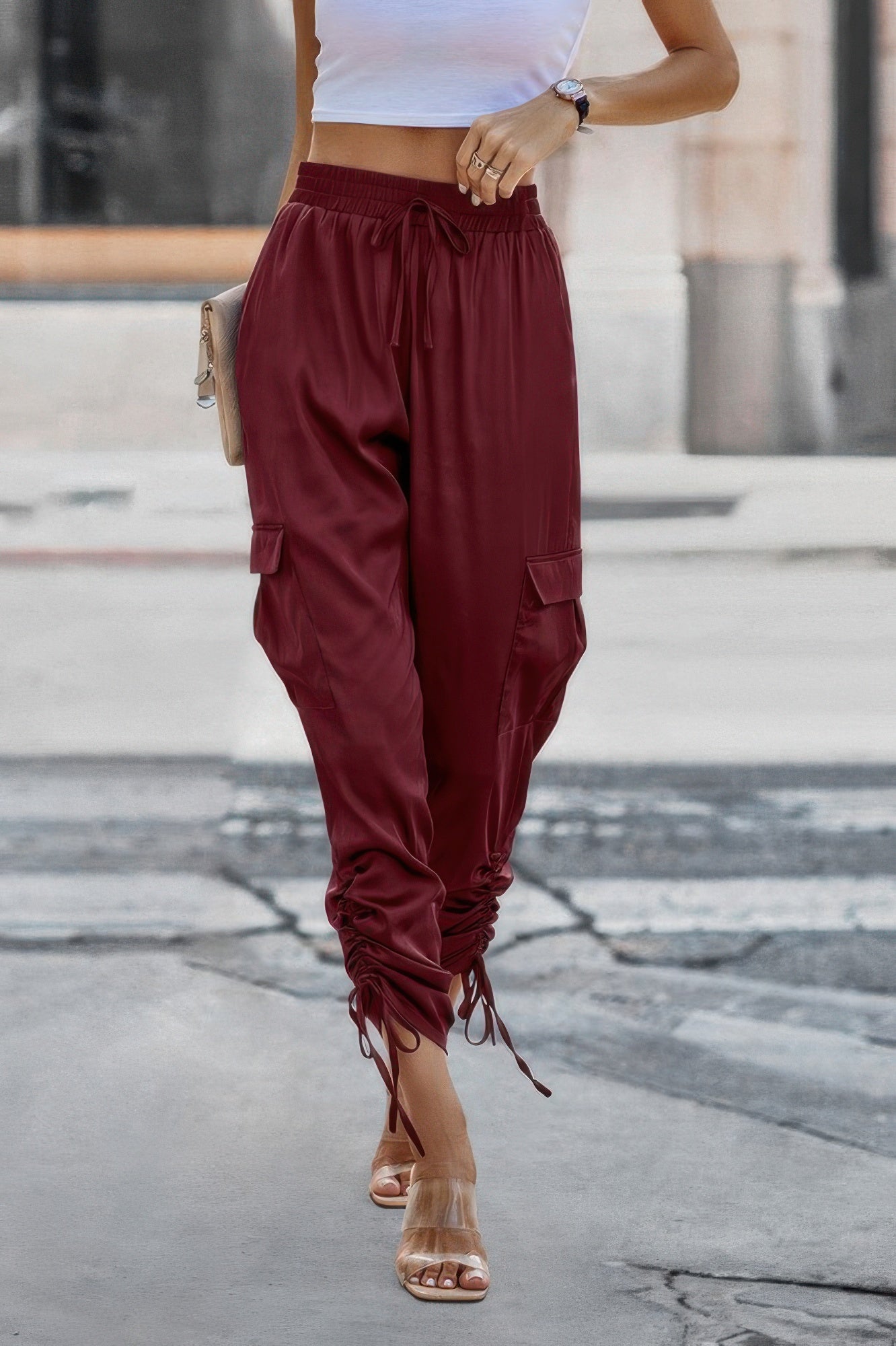 Solid Drawstring Hem Flap Pocket Side Stacked Pant - Tigbul's Variety Fashion Shop