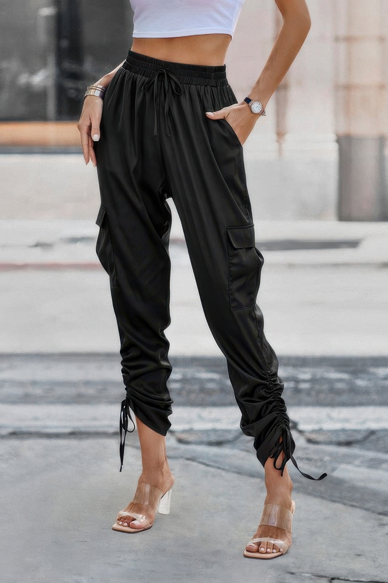 Solid Drawstring Hem Flap Pocket Side Stacked Pant - Tigbul's Variety Fashion Shop