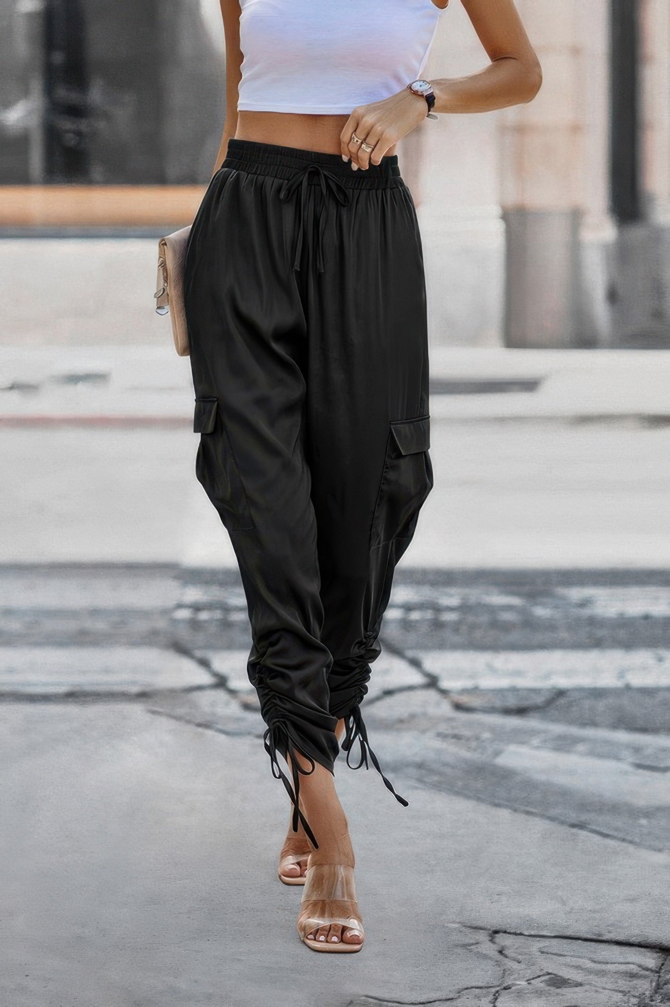 Solid Drawstring Hem Flap Pocket Side Stacked Pant - Tigbul's Variety Fashion Shop