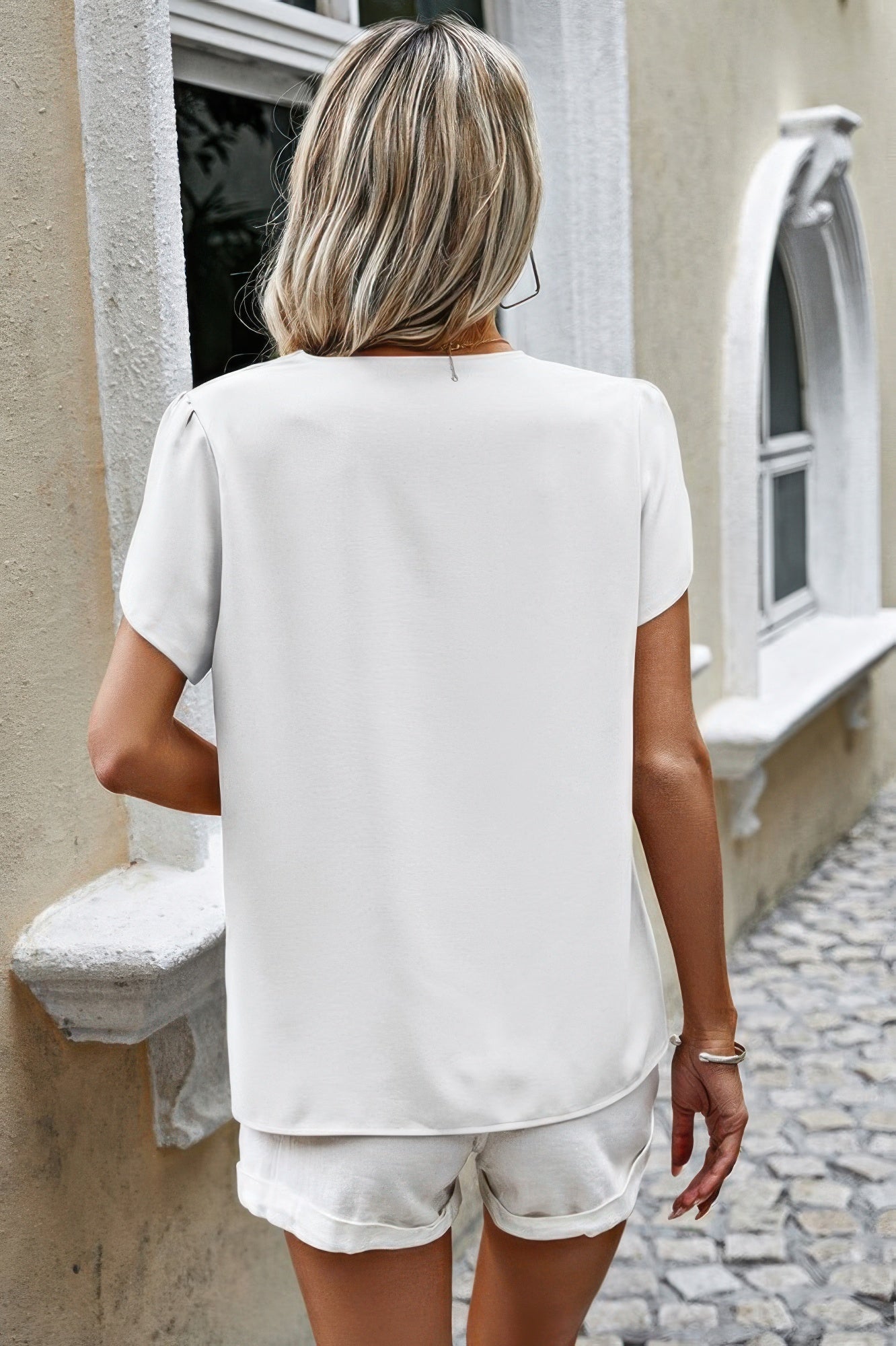Solid Button Trim V Neck Loose Fit Blouse - Tigbul's Variety Fashion Shop