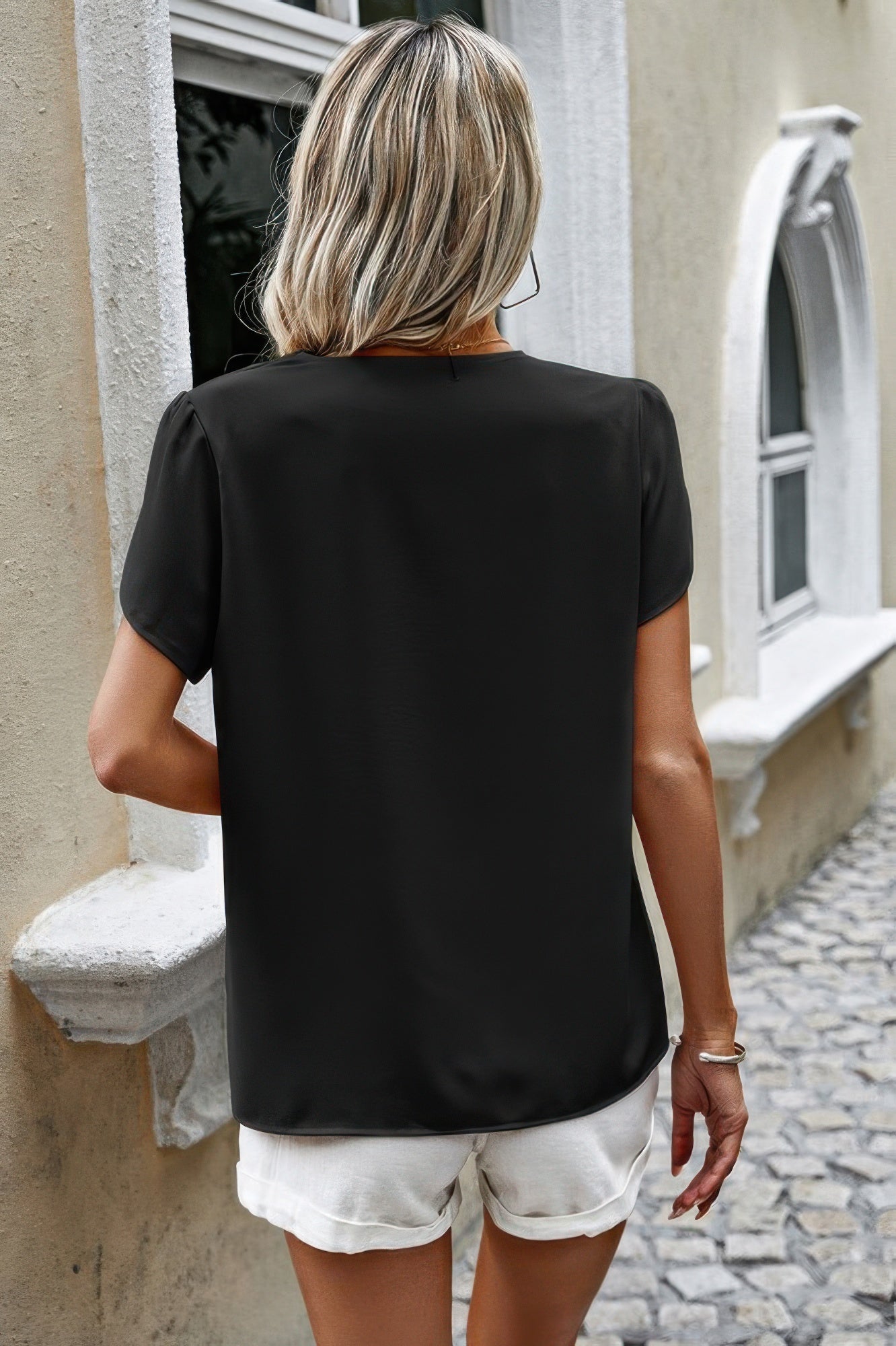 Solid Button Trim V Neck Loose Fit Blouse - Tigbul's Variety Fashion Shop