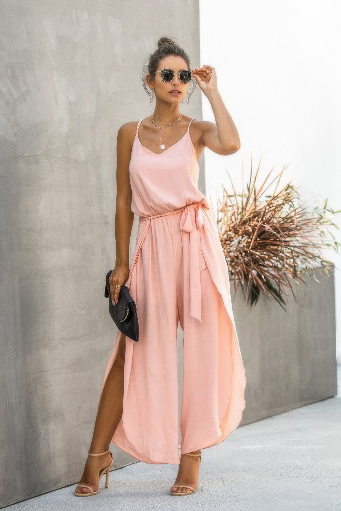 V Neck Suspenders Wide Leg Side Slit Jumpsuit - Tigbul's Variety Fashion Shop