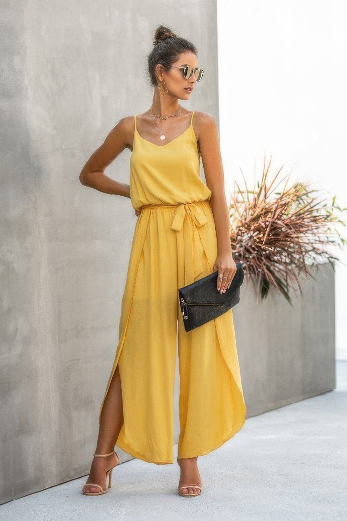 V Neck Suspenders Wide Leg Side Slit Jumpsuit - Tigbul's Variety Fashion Shop