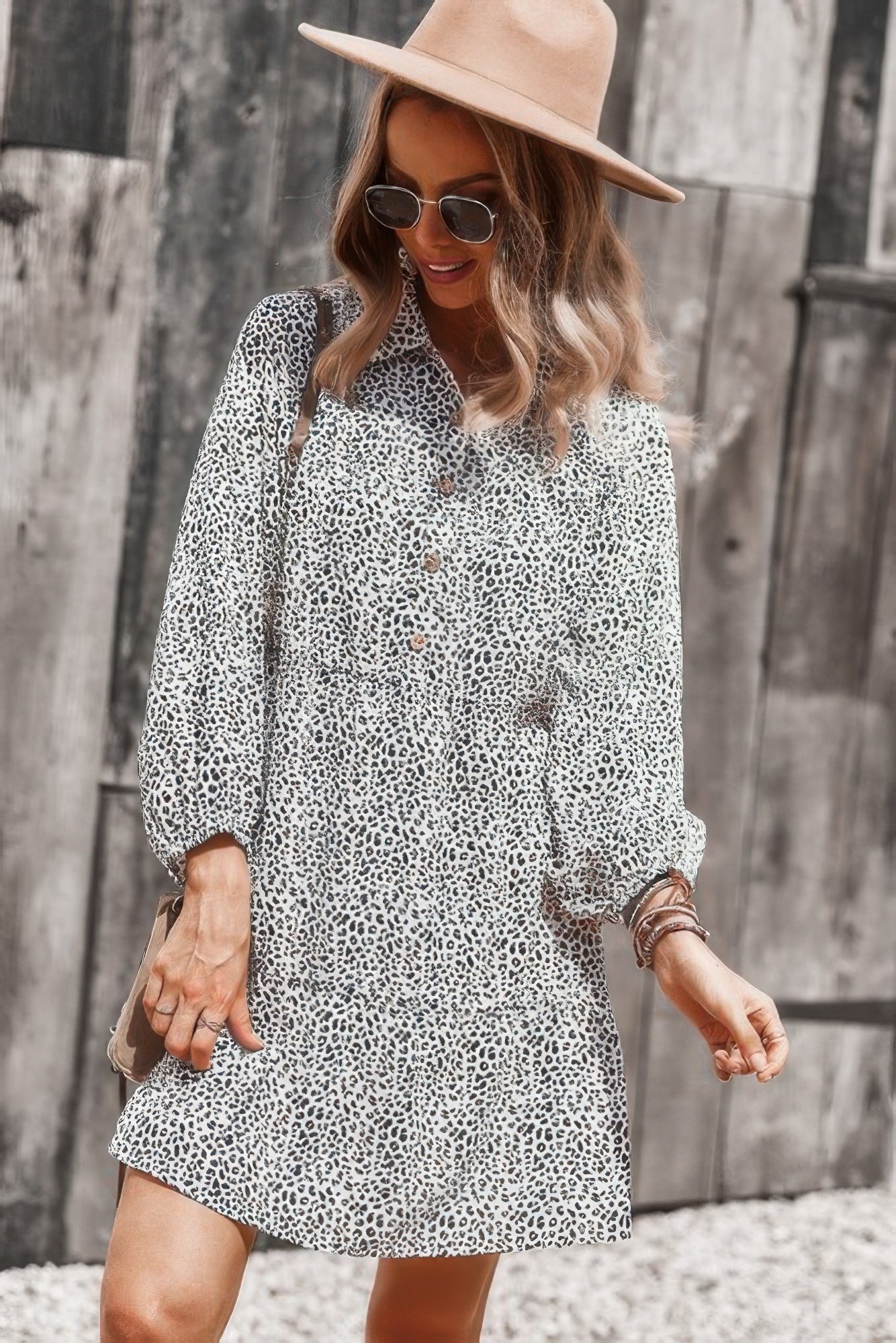 Animal Print Button Down A Line Lantem Sleeve Dress - Tigbul's Variety Fashion Shop