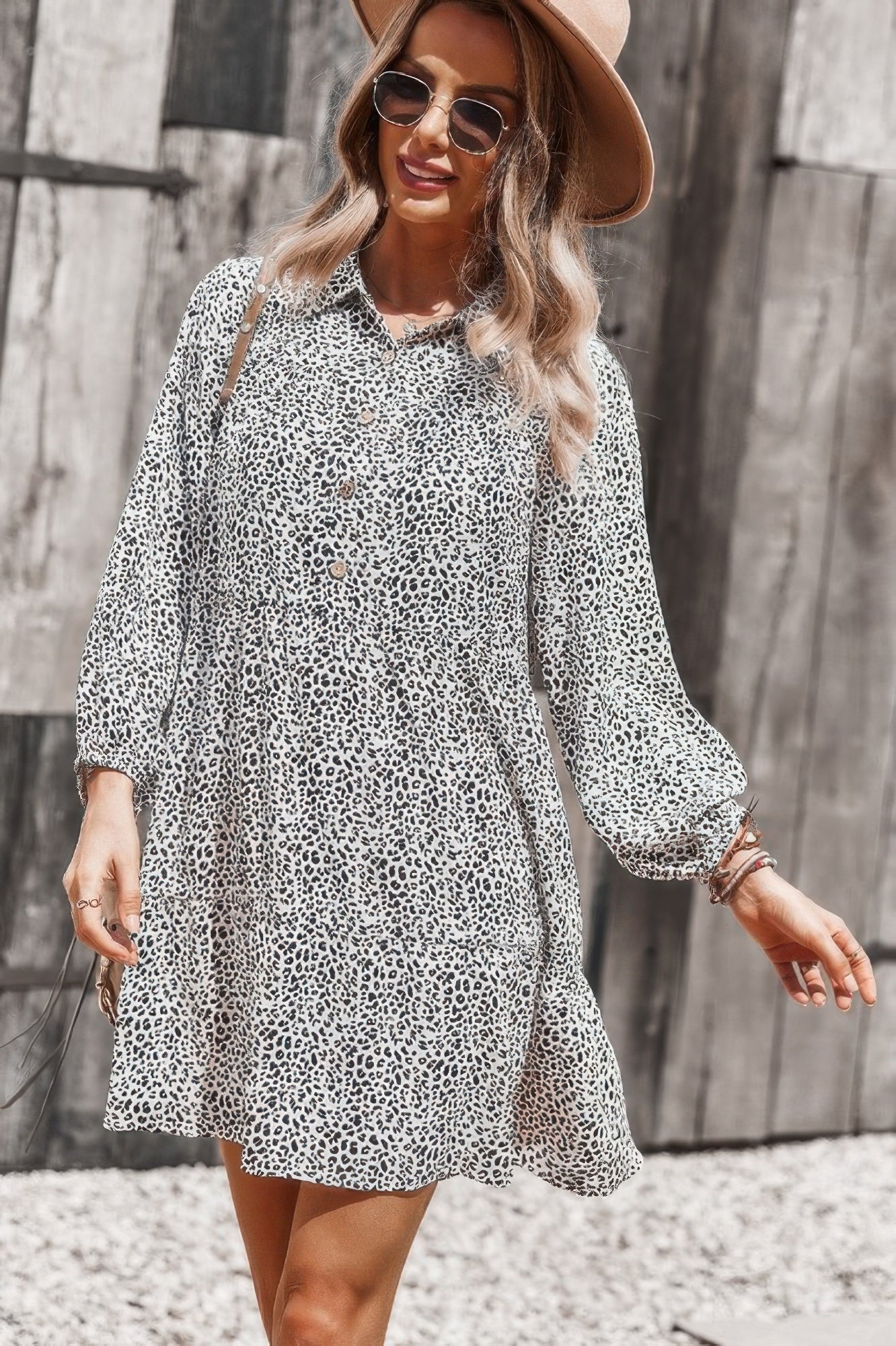 Animal Print Button Down A Line Lantem Sleeve Dress - Tigbul's Variety Fashion Shop