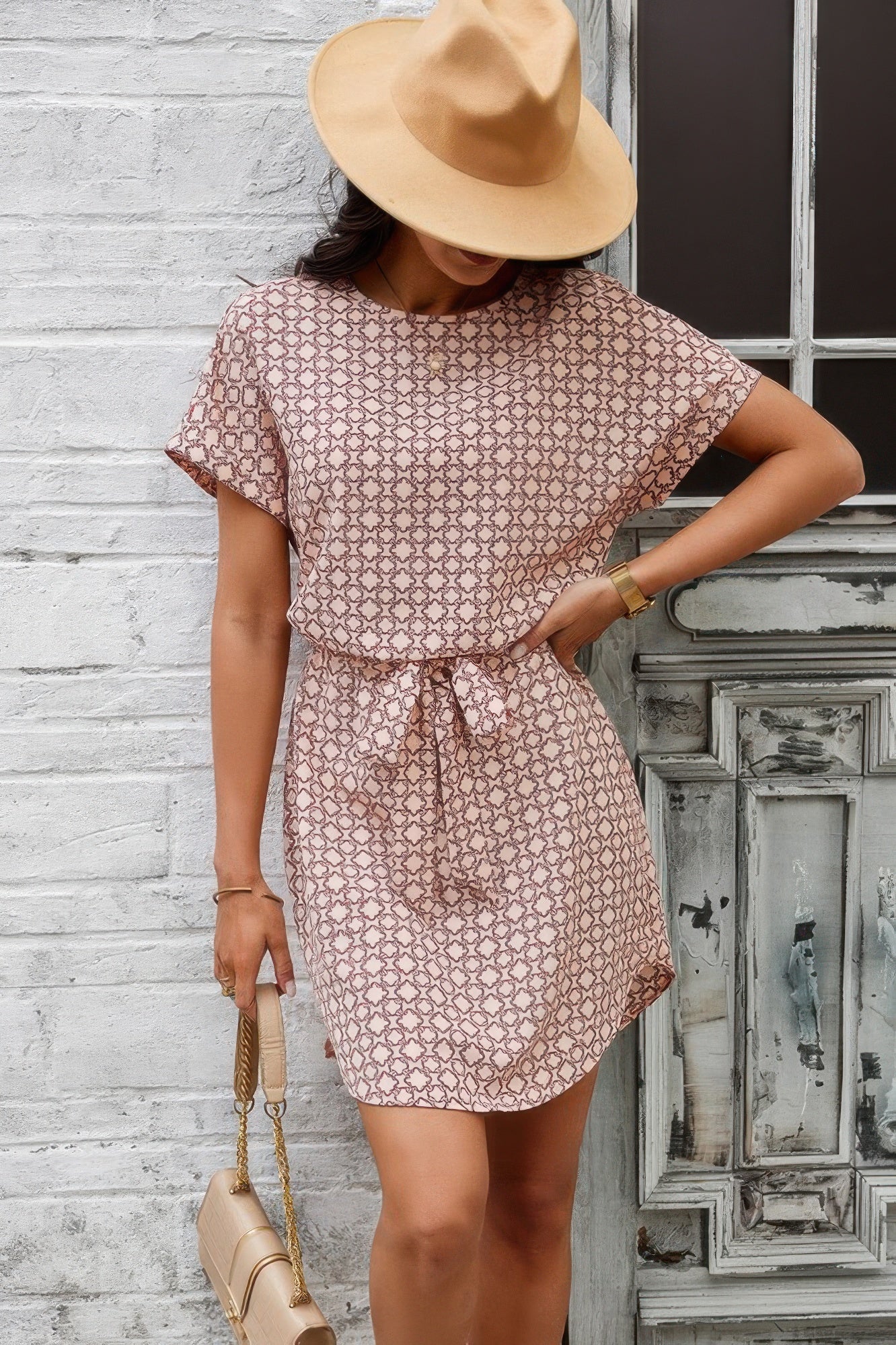 Elegant Crew Neck Batwing Sleeve Printed Dress - Tigbul's Variety Fashion Shop