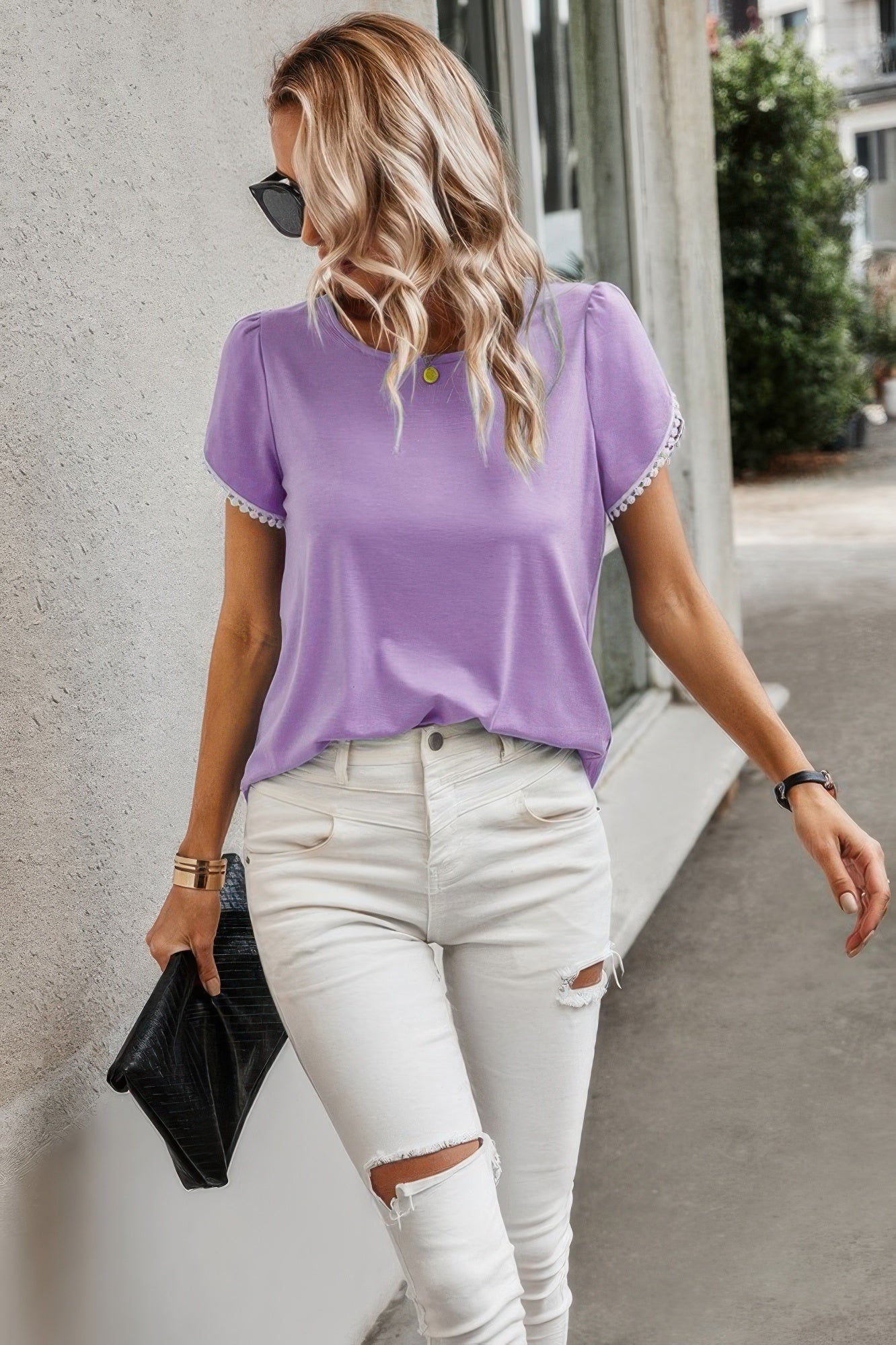 Crewneck Short Sleeve Lace Trim Loose T Shirts - Tigbul's Variety Fashion Shop