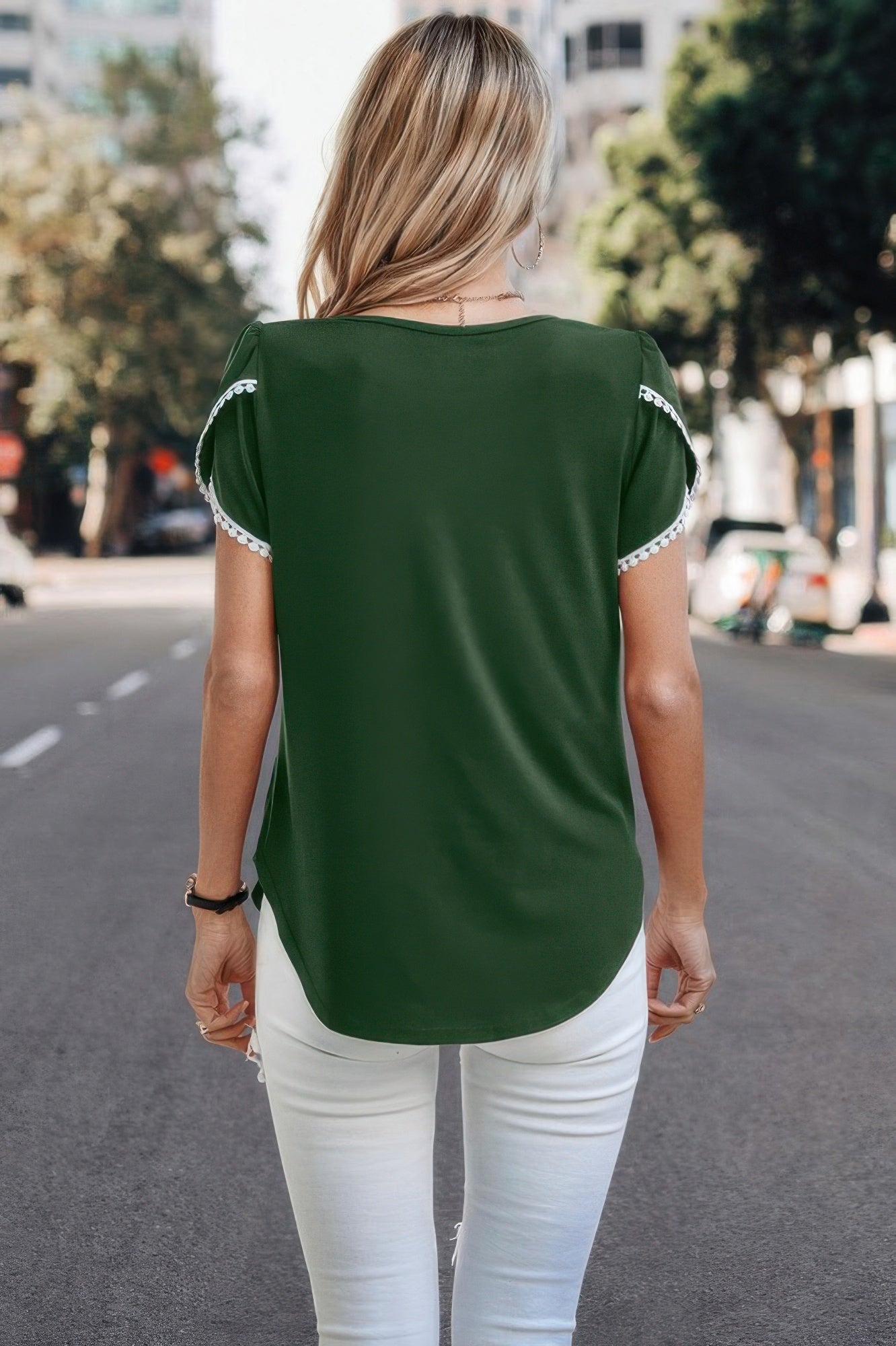 Crewneck Short Sleeve Lace Trim Loose T Shirts - Tigbul's Variety Fashion Shop