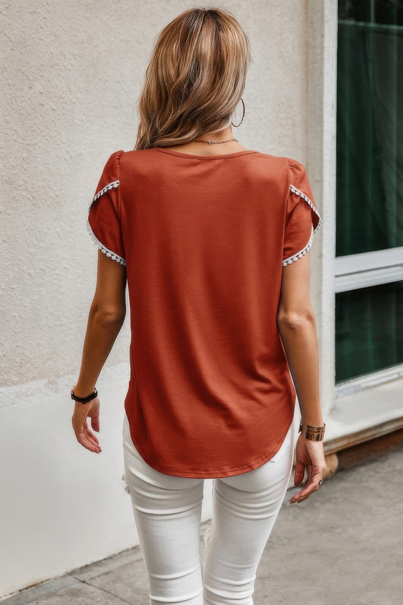 Crewneck Short Sleeve Lace Trim Loose T Shirts - Tigbul's Variety Fashion Shop