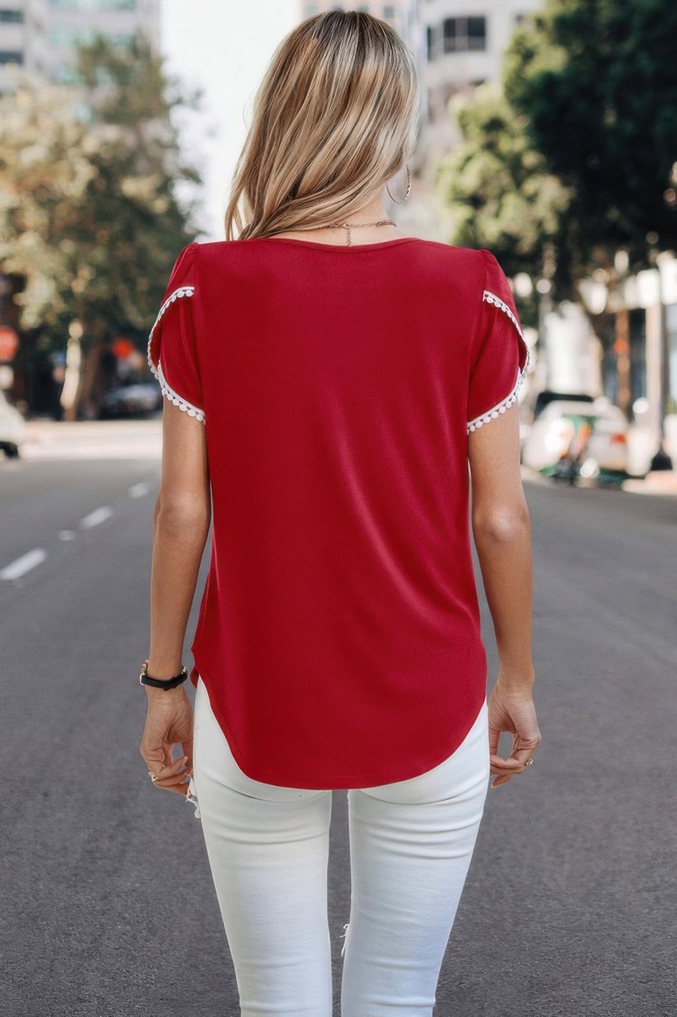 Crewneck Short Sleeve Lace Trim Loose T Shirts - Tigbul's Variety Fashion Shop