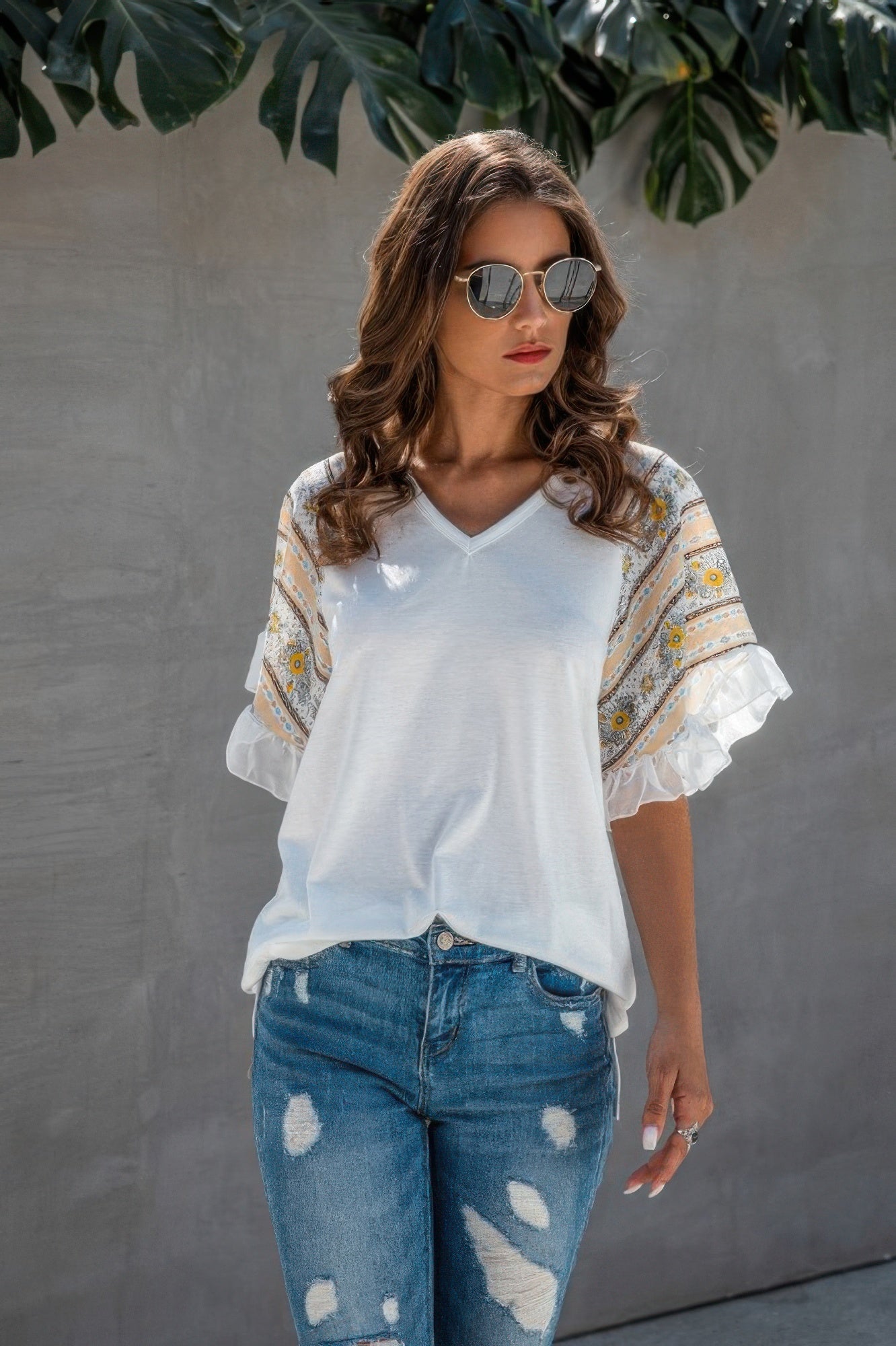Splicing Print V Neck Ruffle Elegant Top - Tigbul's Variety Fashion Shop