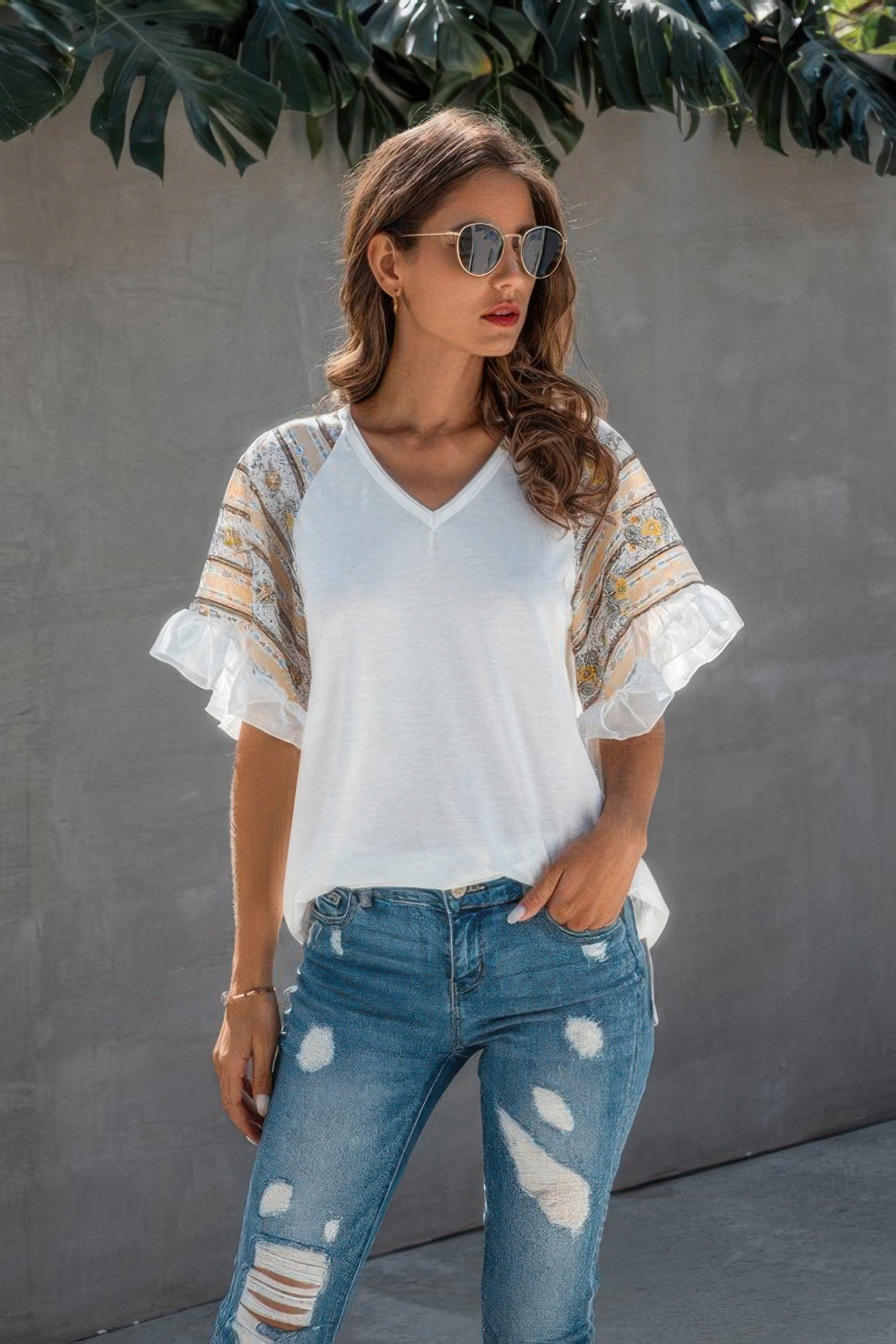 Splicing Print V Neck Ruffle Elegant Top - Tigbul's Variety Fashion Shop