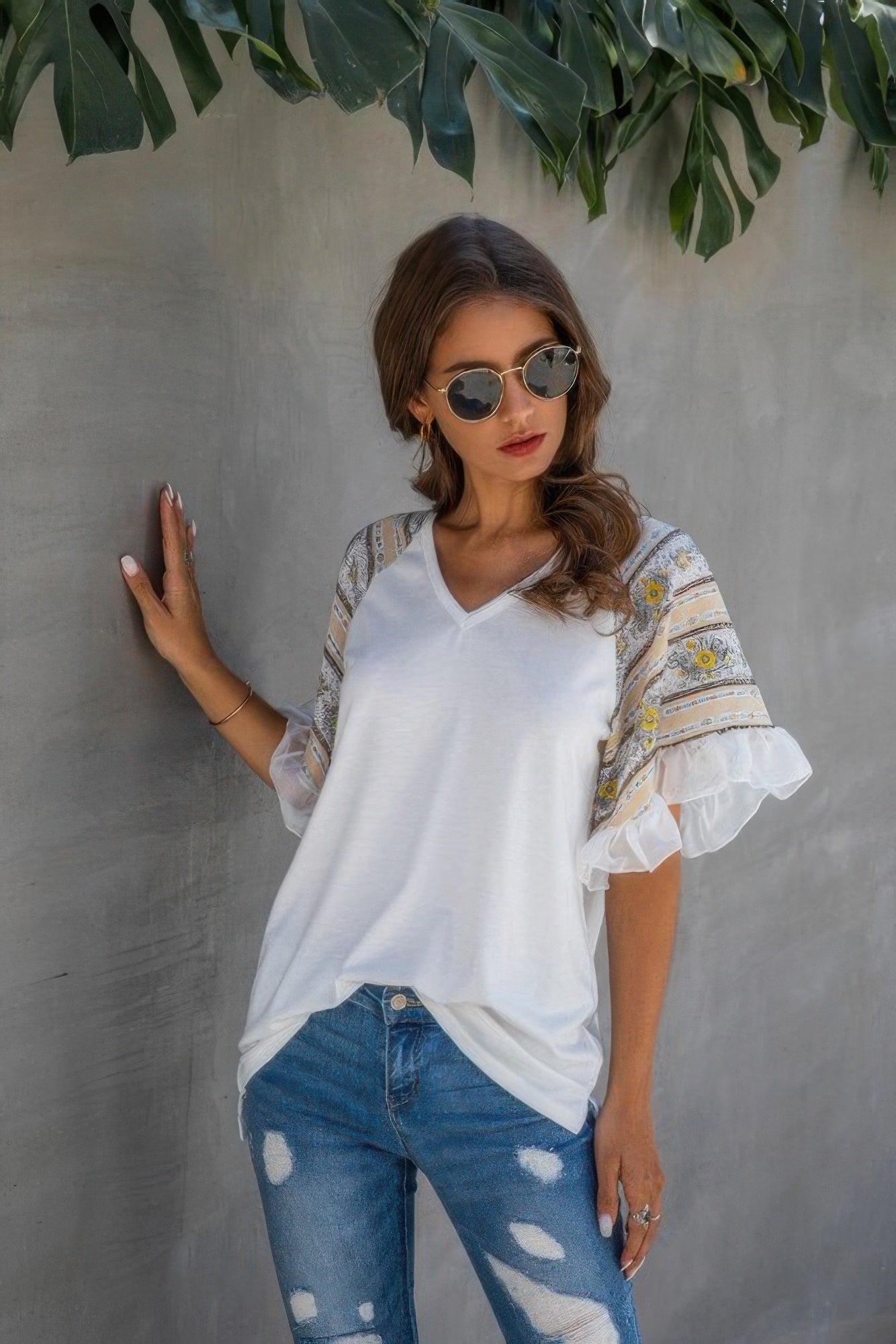 Splicing Print V Neck Ruffle Elegant Top - Tigbul's Variety Fashion Shop