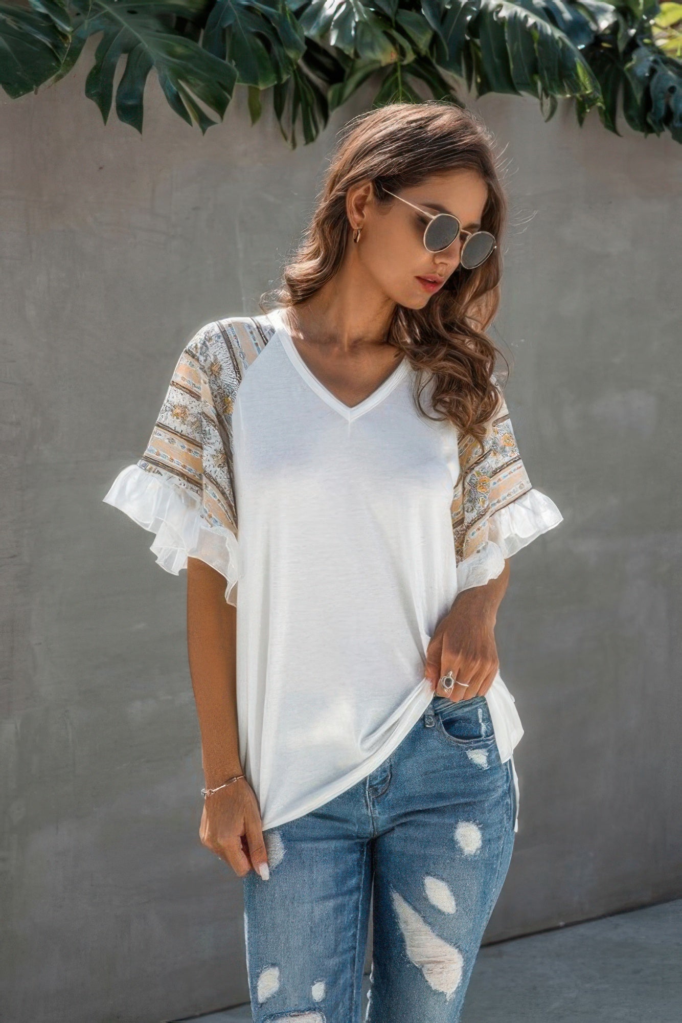 Splicing Print V Neck Ruffle Elegant Top - Tigbul's Variety Fashion Shop