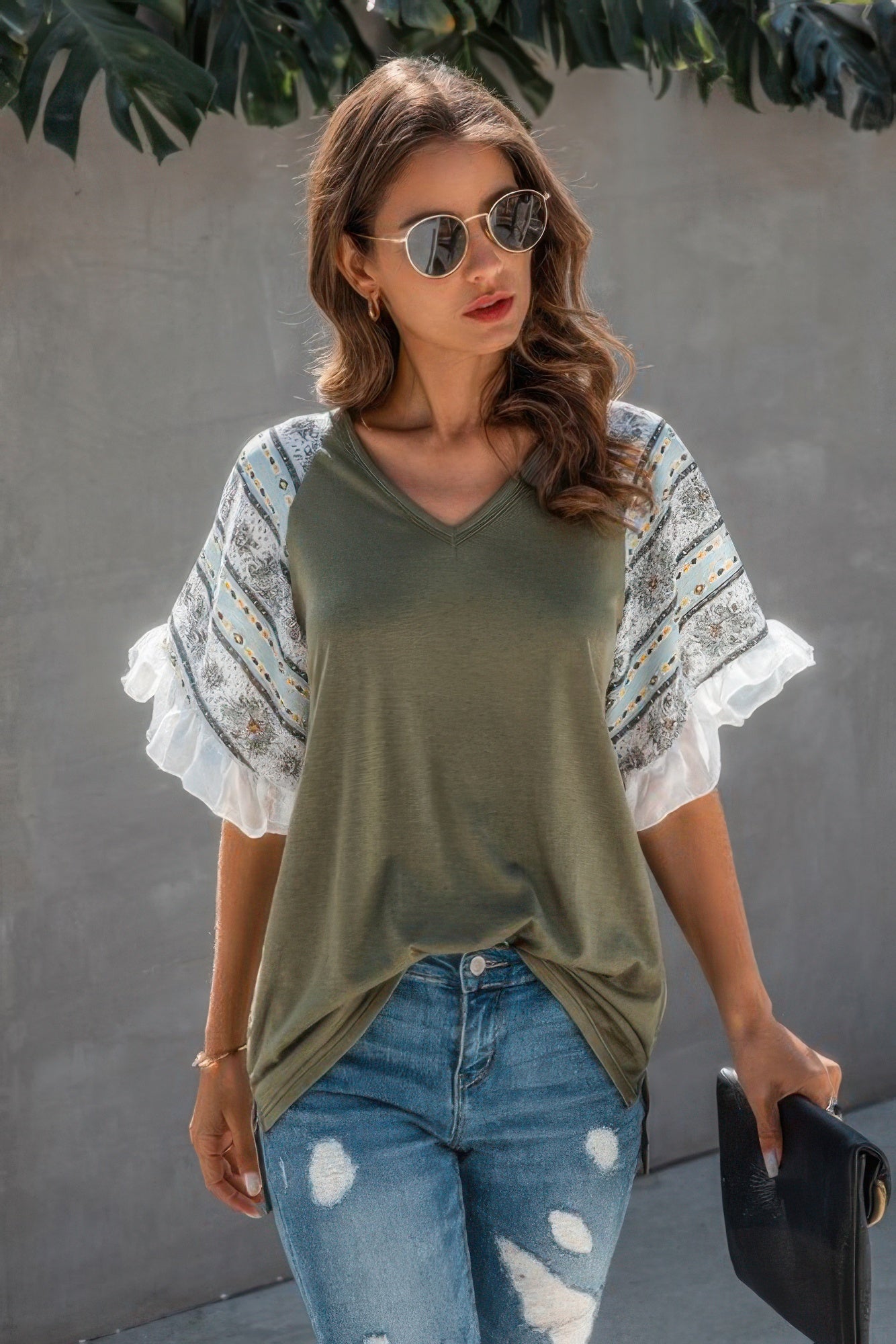 Splicing Print V Neck Ruffle Elegant Top - Tigbul's Variety Fashion Shop