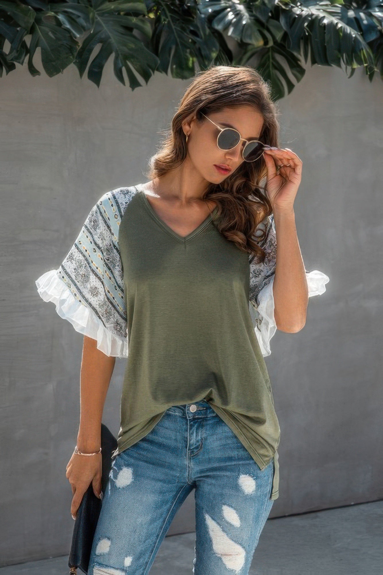 Splicing Print V Neck Ruffle Elegant Top - Tigbul's Variety Fashion Shop