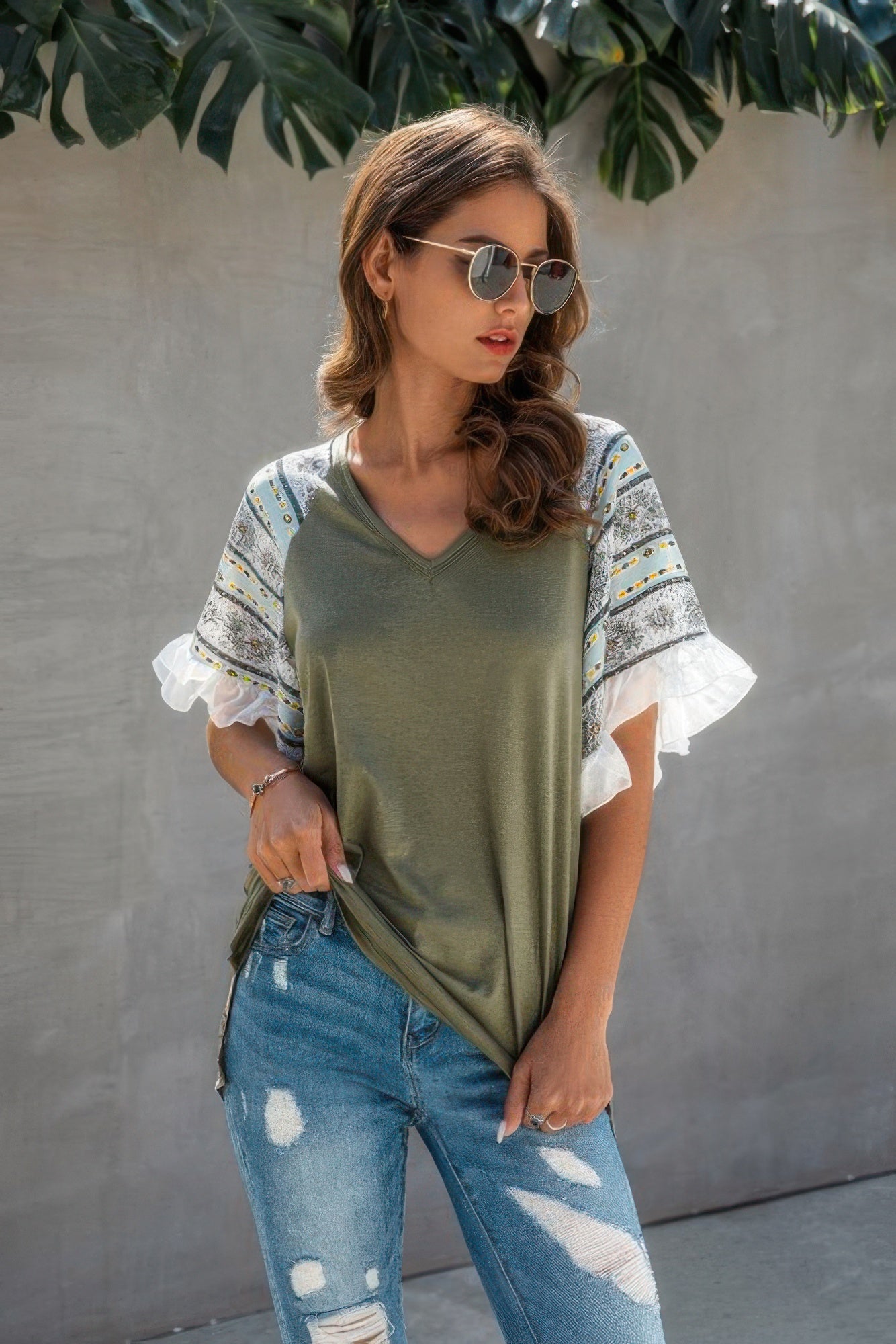 Splicing Print V Neck Ruffle Elegant Top - Tigbul's Variety Fashion Shop