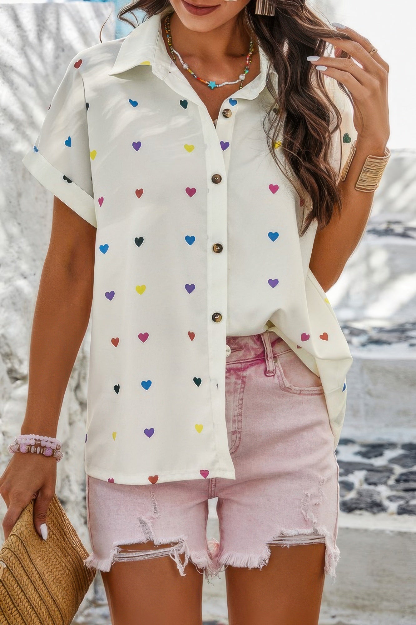 Heart Print Button Down Short Sleeve Loose Shirt - Tigbul's Variety Fashion Shop