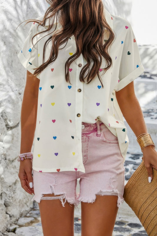 Heart Print Button Down Short Sleeve Loose Shirt - Tigbul's Variety Fashion Shop