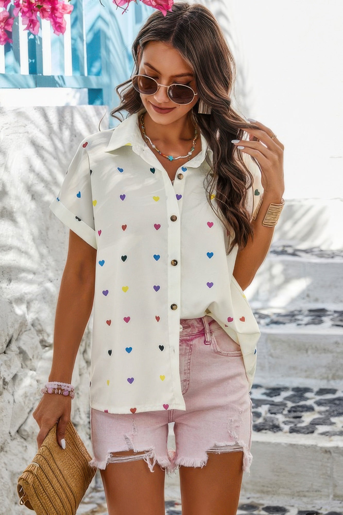 Heart Print Button Down Short Sleeve Loose Shirt - Tigbul's Variety Fashion Shop