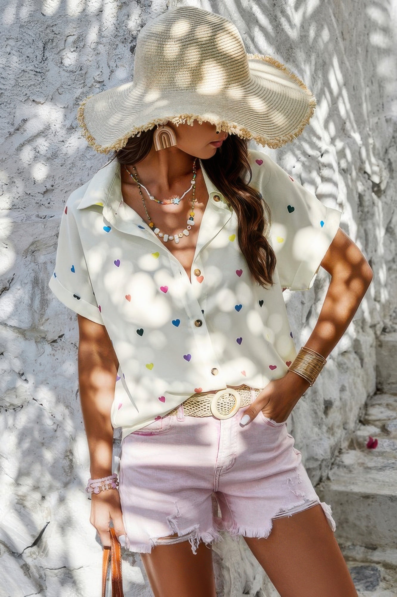 Heart Print Button Down Short Sleeve Loose Shirt - Tigbul's Variety Fashion Shop