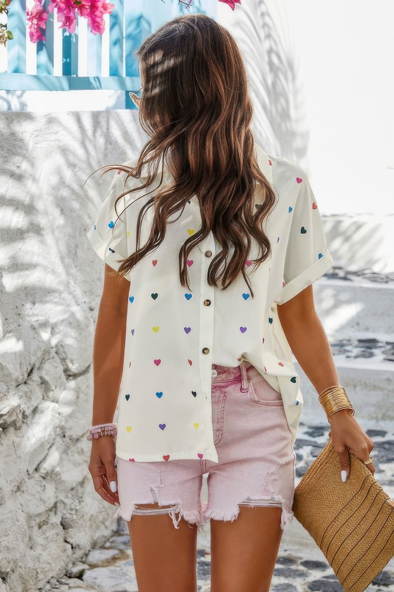 Heart Print Button Down Short Sleeve Loose Shirt - Tigbul's Variety Fashion Shop