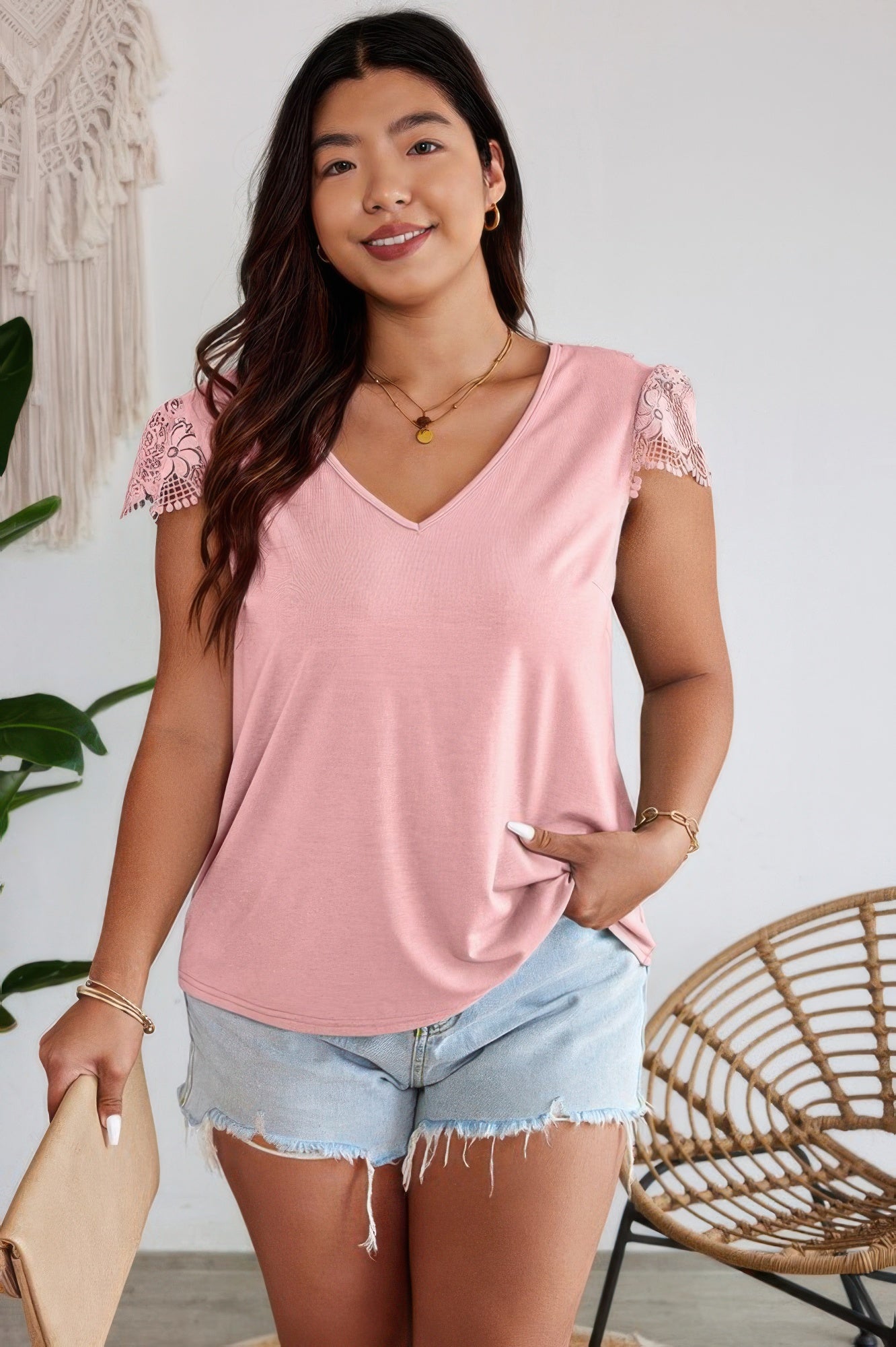 Pink V Neck Lace Splicing Back Bowknot T Shirt - Tigbul's Variety Fashion Shop