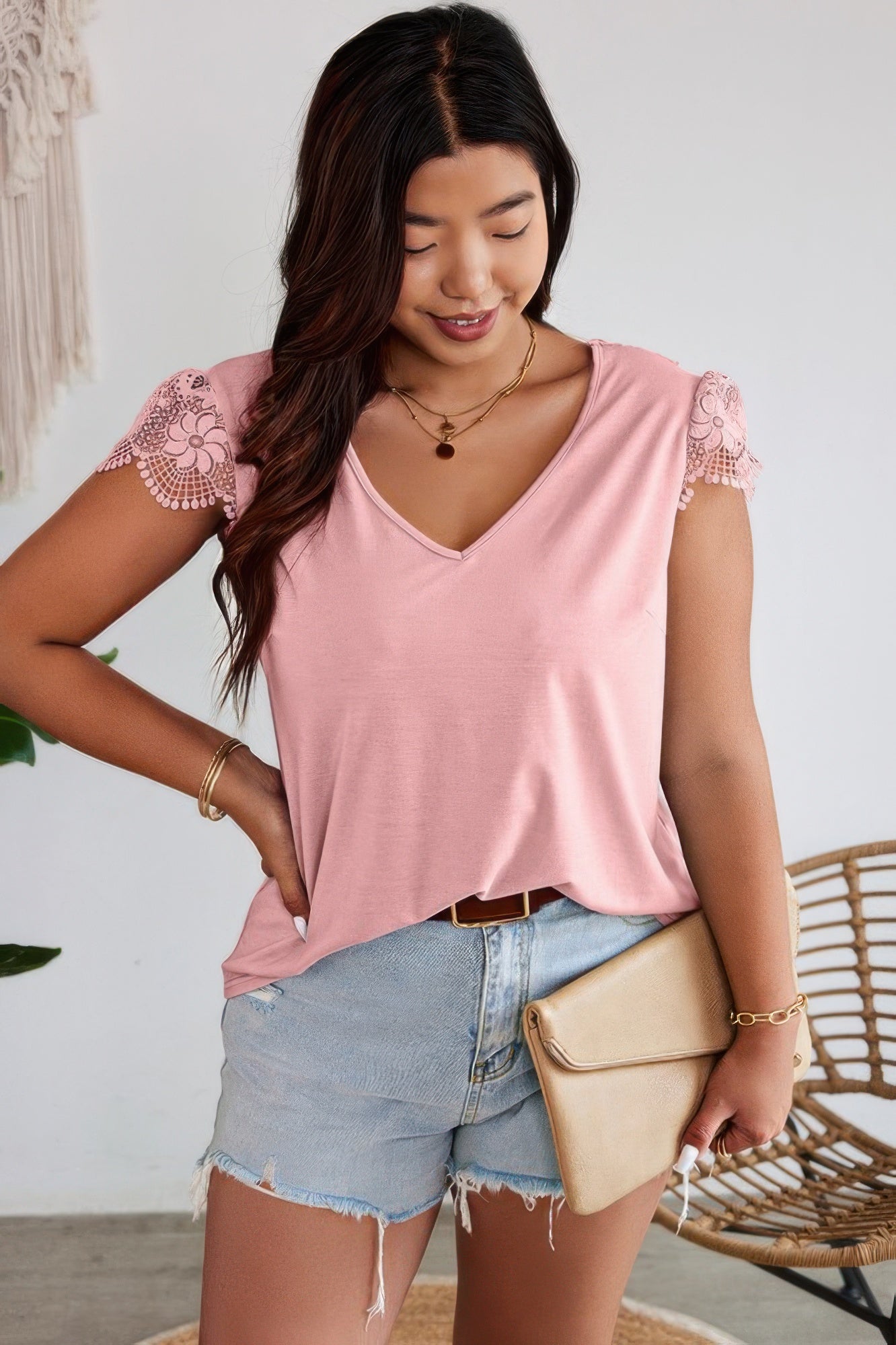 Pink V Neck Lace Splicing Back Bowknot T Shirt - Tigbul's Variety Fashion Shop