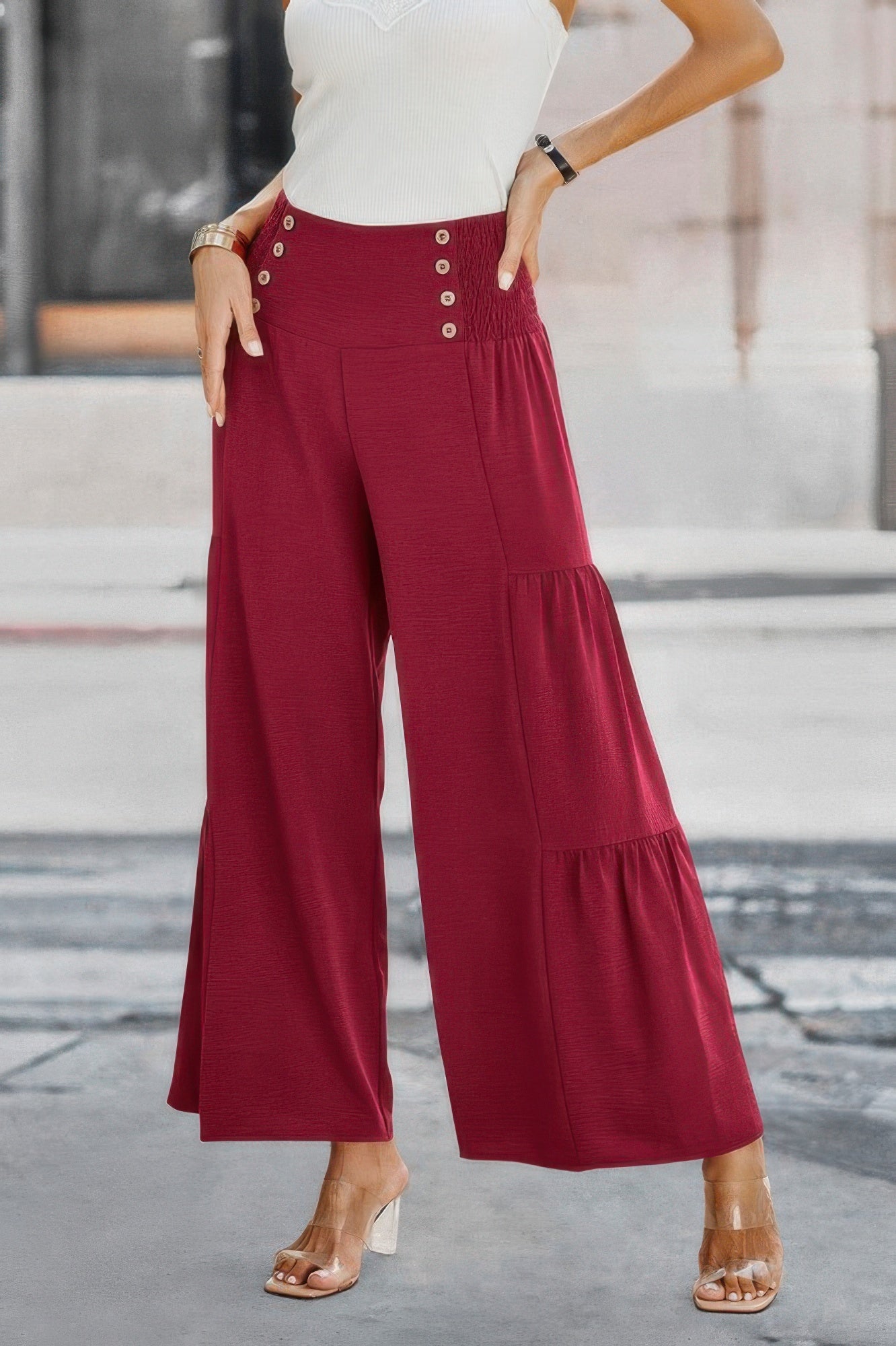 Elastic High Waist Wide Leg Long Palazzo Pants - Tigbul's Variety Fashion Shop