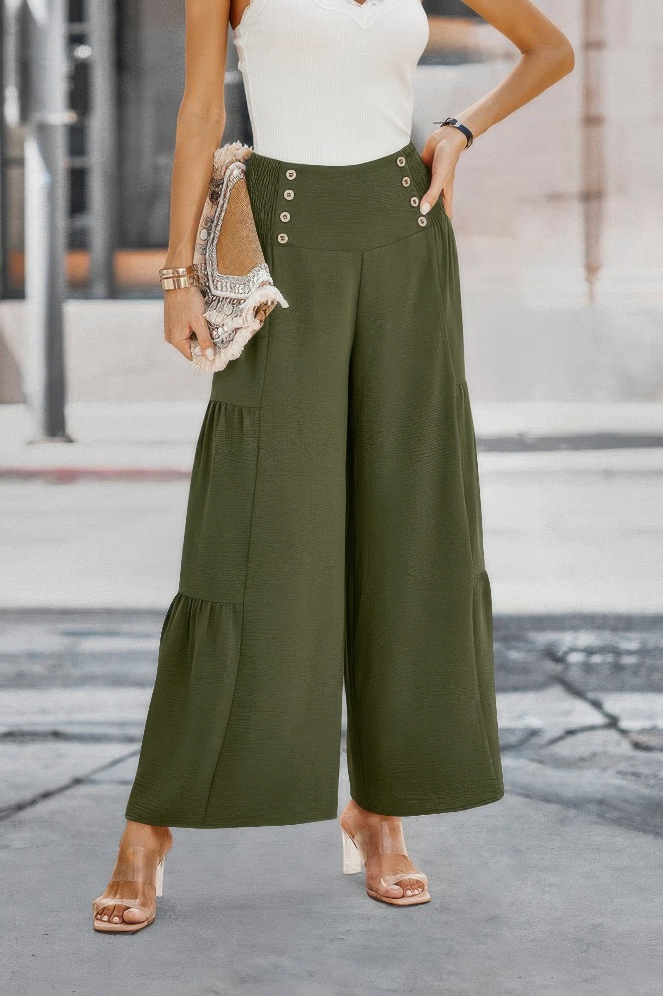 Elastic High Waist Wide Leg Long Palazzo Pants - Tigbul's Variety Fashion Shop