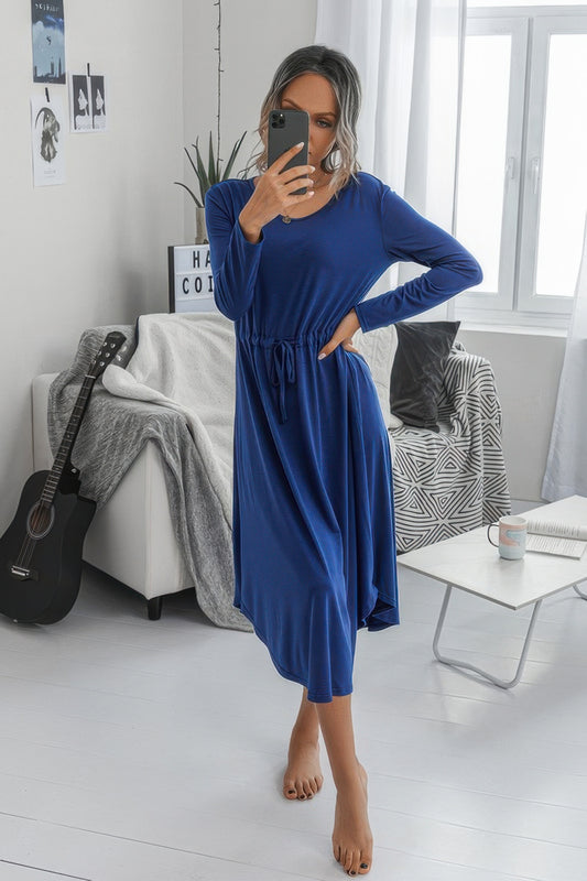 Solid Round Neck Long Sleeve Drawstring Dress - Tigbul's Variety Fashion Shop