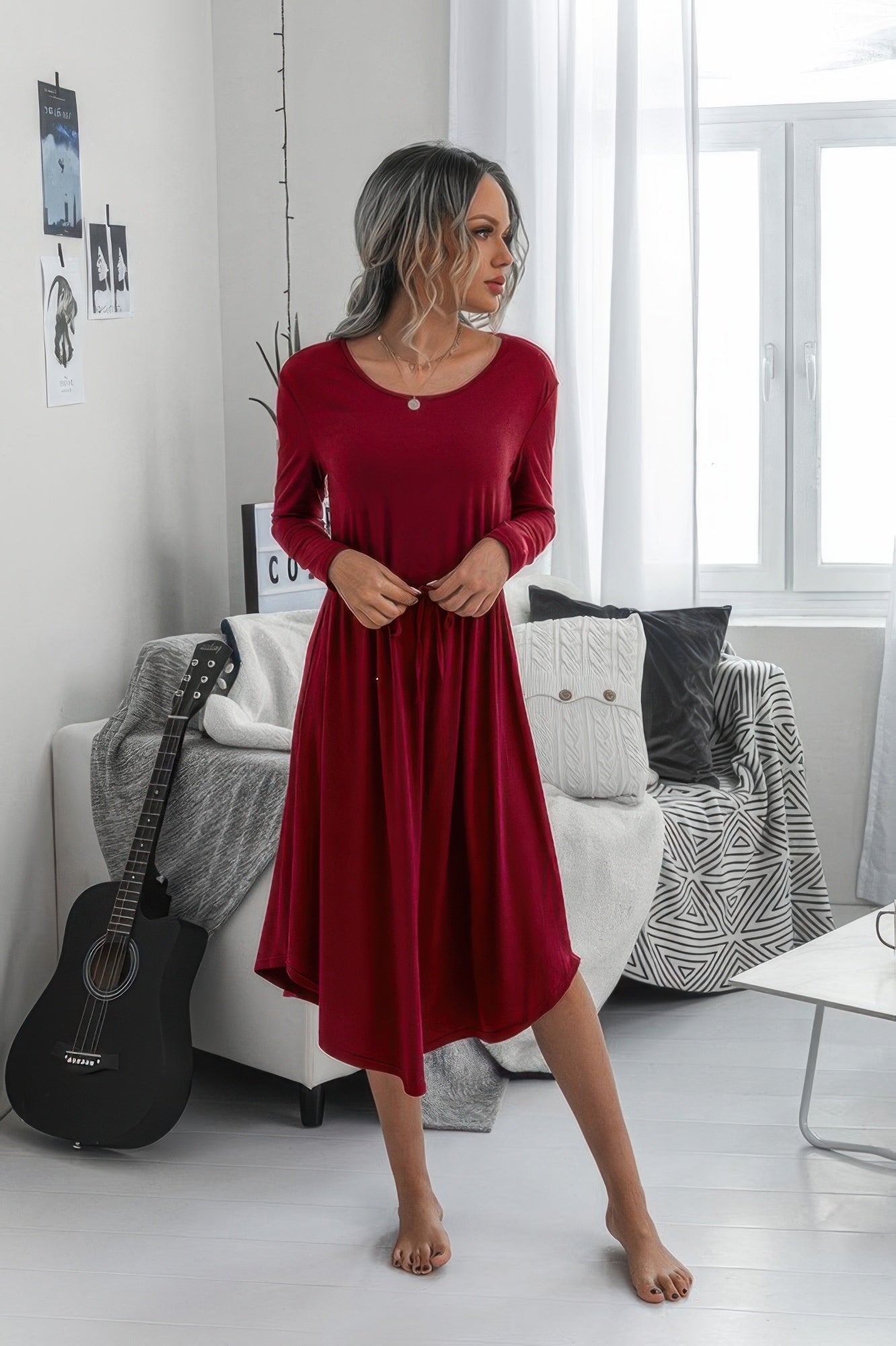 Solid Round Neck Long Sleeve Drawstring Dress - Tigbul's Variety Fashion Shop