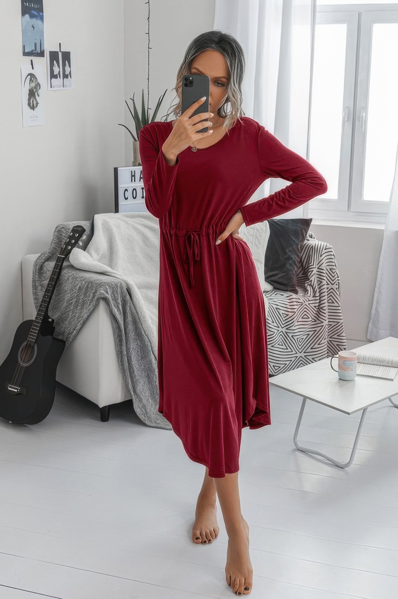 Solid Round Neck Long Sleeve Drawstring Dress - Tigbul's Variety Fashion Shop