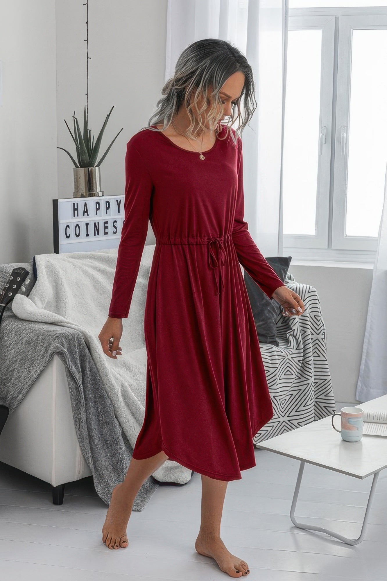 Solid Round Neck Long Sleeve Drawstring Dress - Tigbul's Variety Fashion Shop