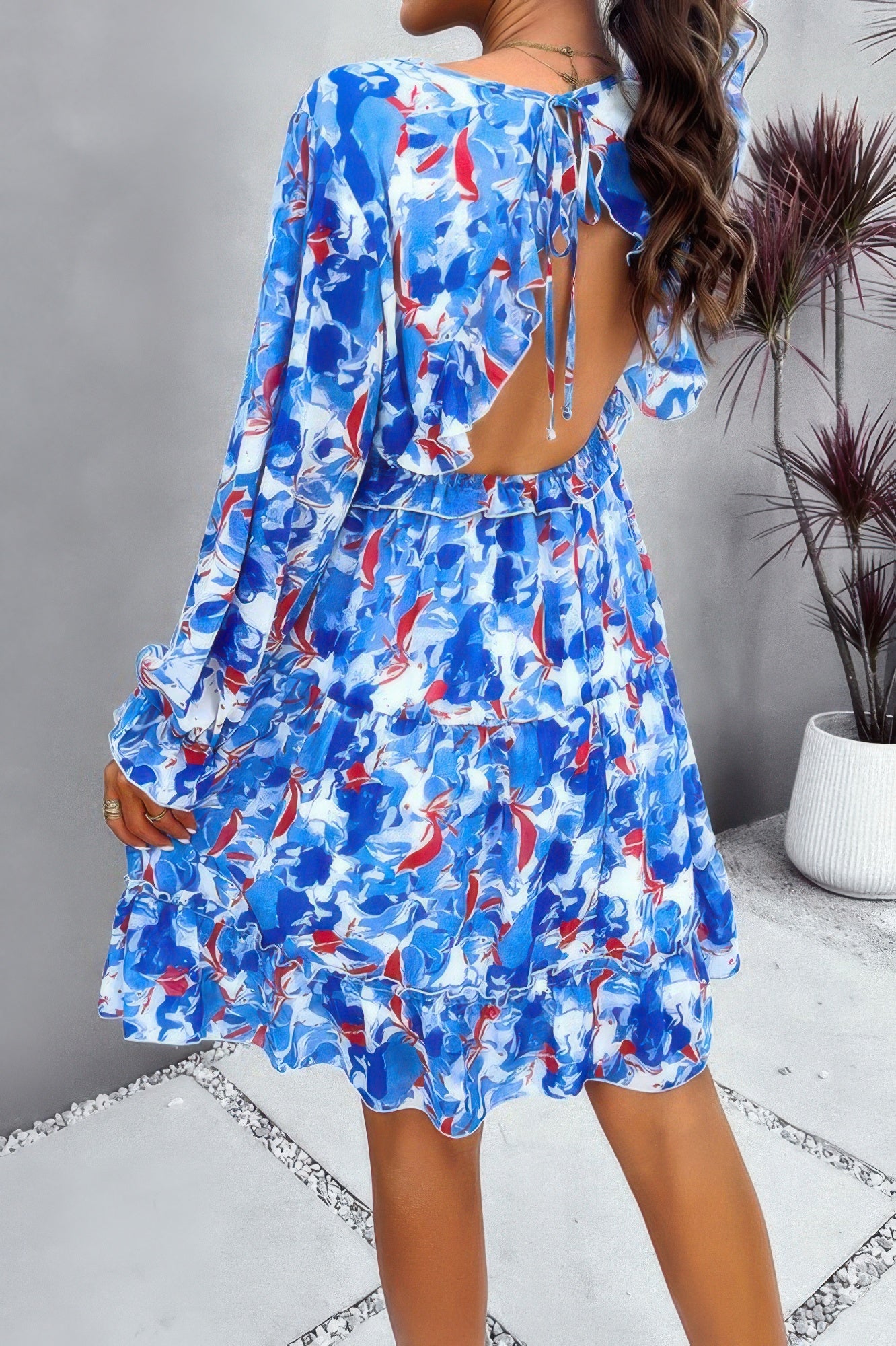 Elegant Printed V Neck Ruffled A Line Mini Dress - Tigbul's Variety Fashion Shop