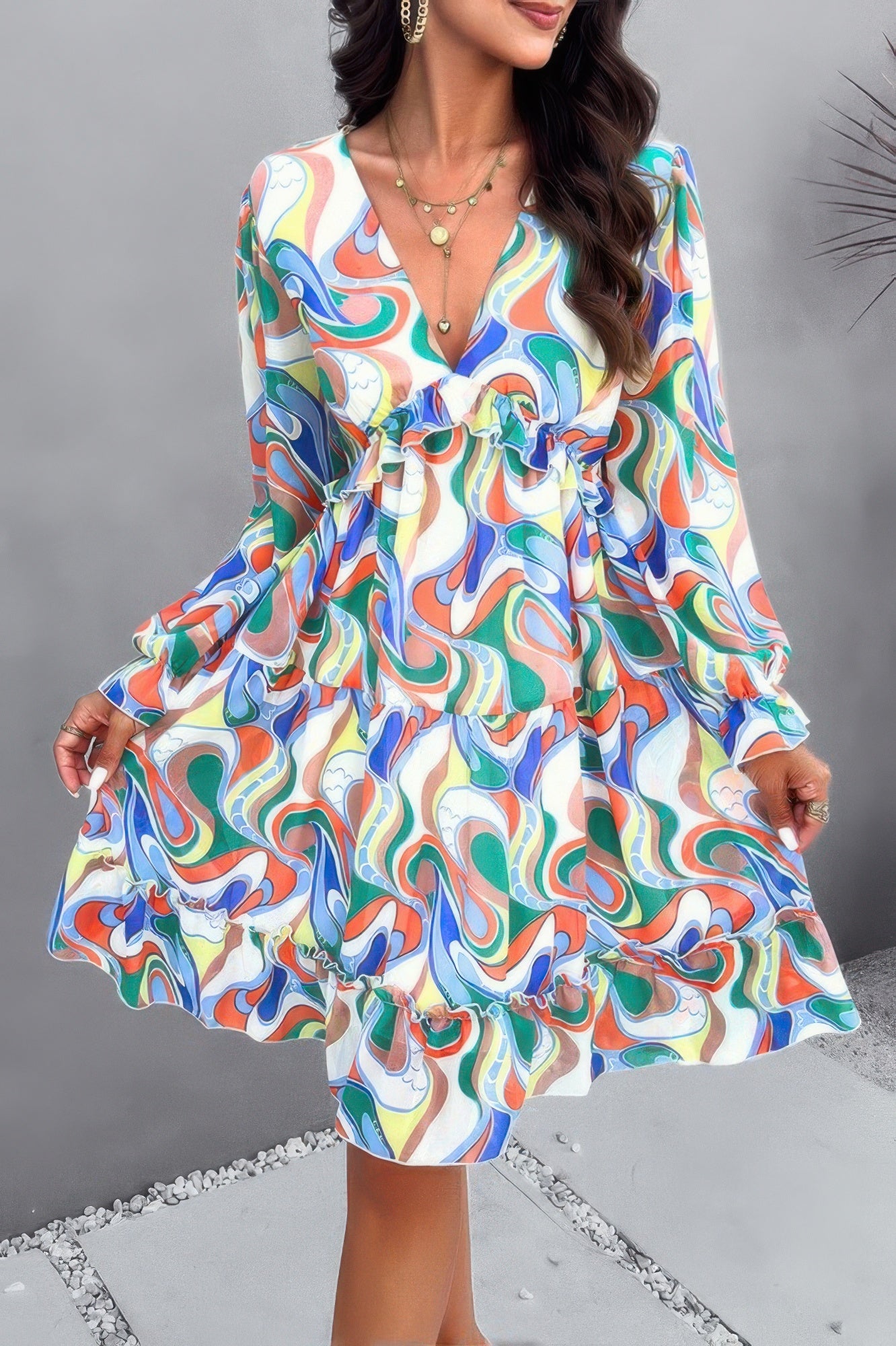 Elegant Printed V Neck Ruffled A Line Mini Dress - Tigbul's Variety Fashion Shop