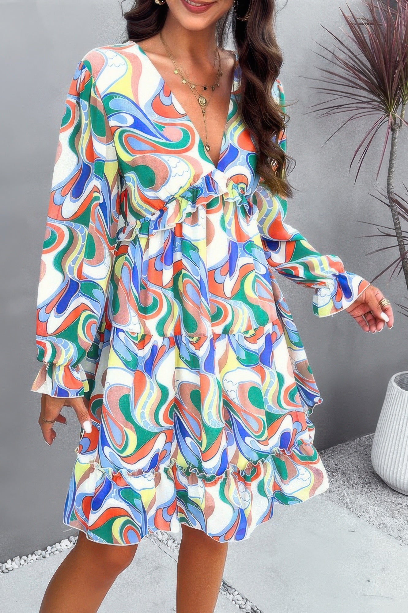 Elegant Printed V Neck Ruffled A Line Mini Dress - Tigbul's Variety Fashion Shop