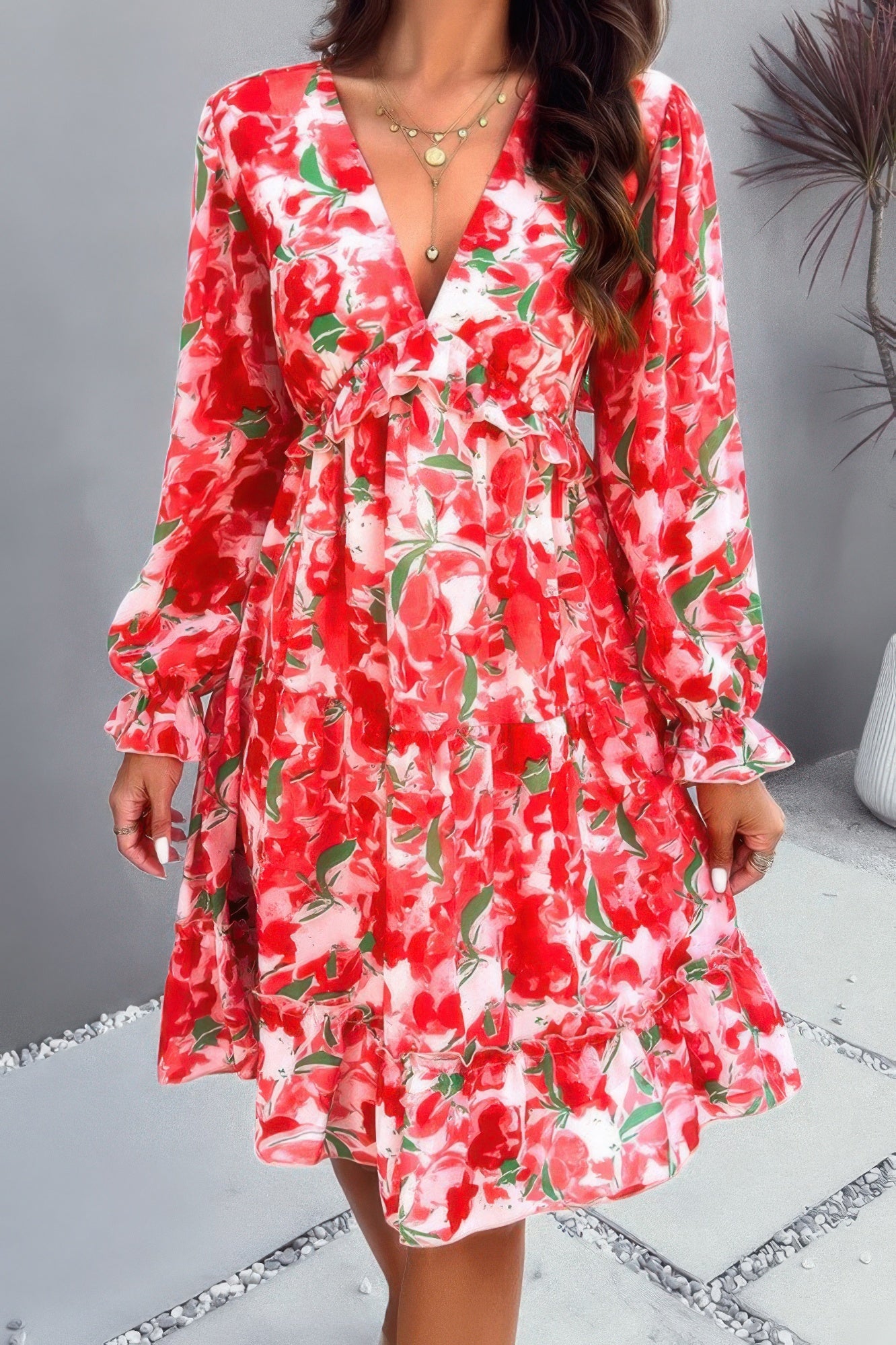 Elegant Printed V Neck Ruffled A Line Mini Dress - Tigbul's Variety Fashion Shop