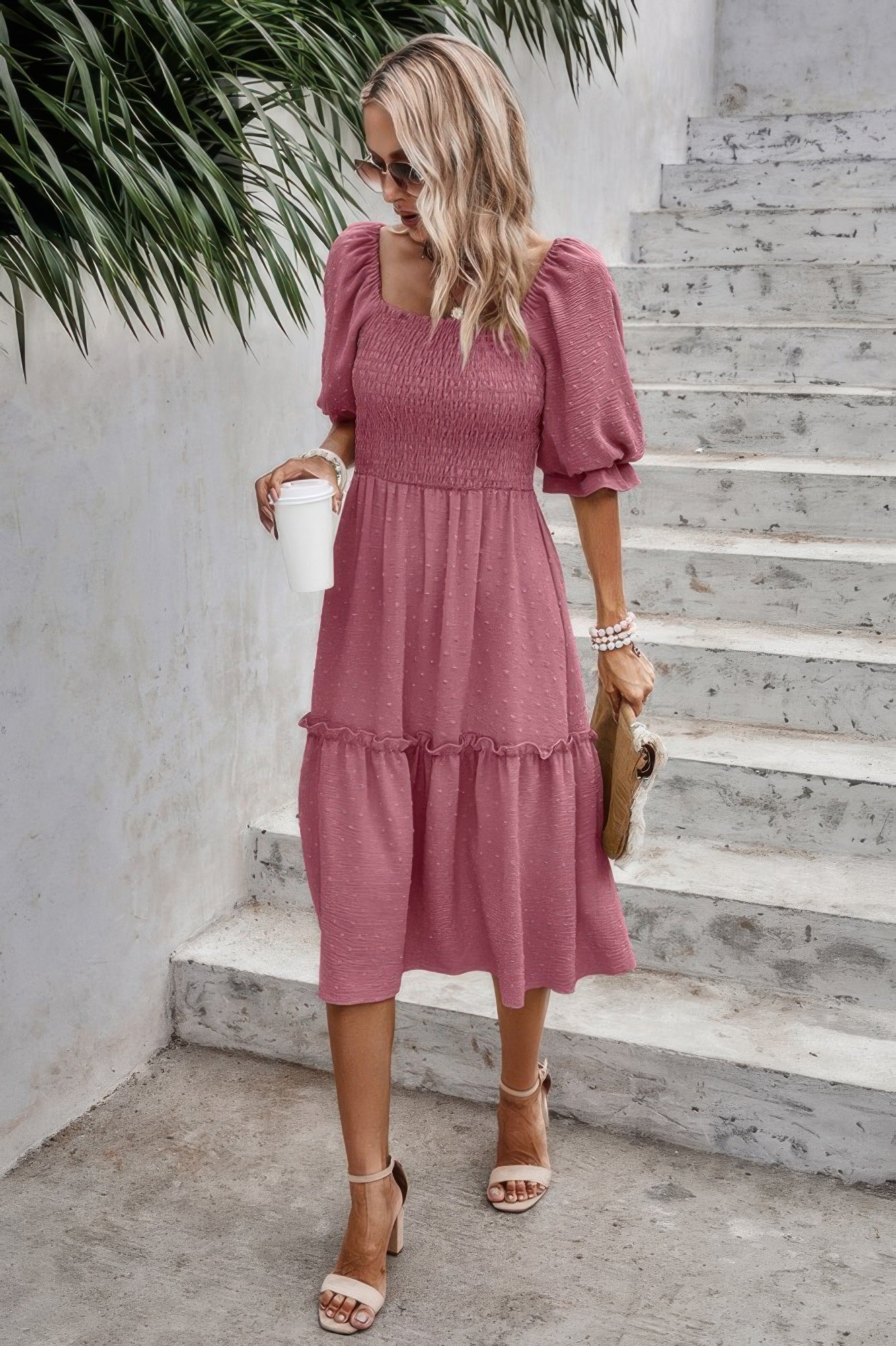Square Neck Puff Sleeve Ruffle Hem Dress - Tigbul's Variety Fashion Shop