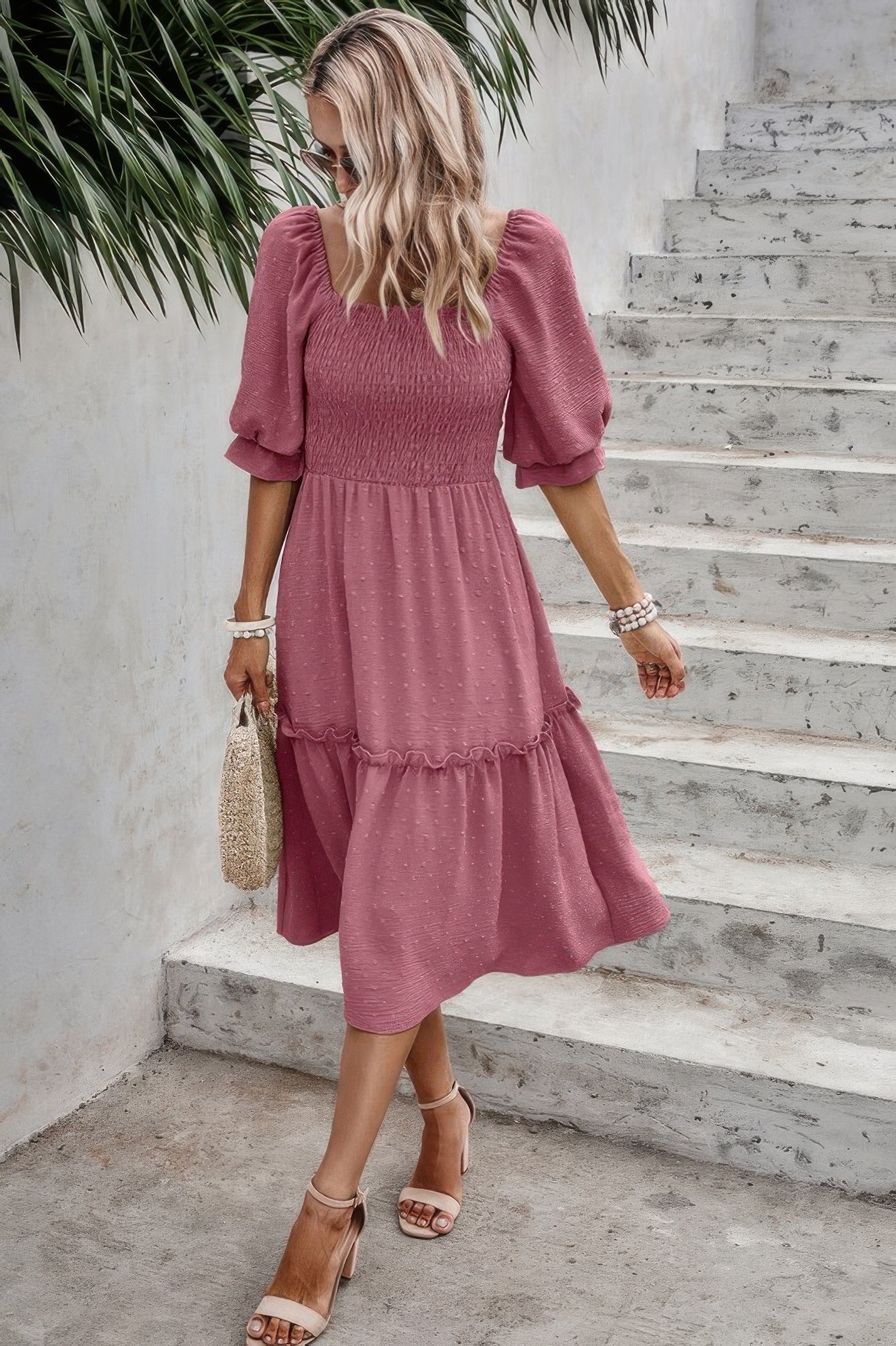 Square Neck Puff Sleeve Ruffle Hem Dress - Tigbul's Variety Fashion Shop