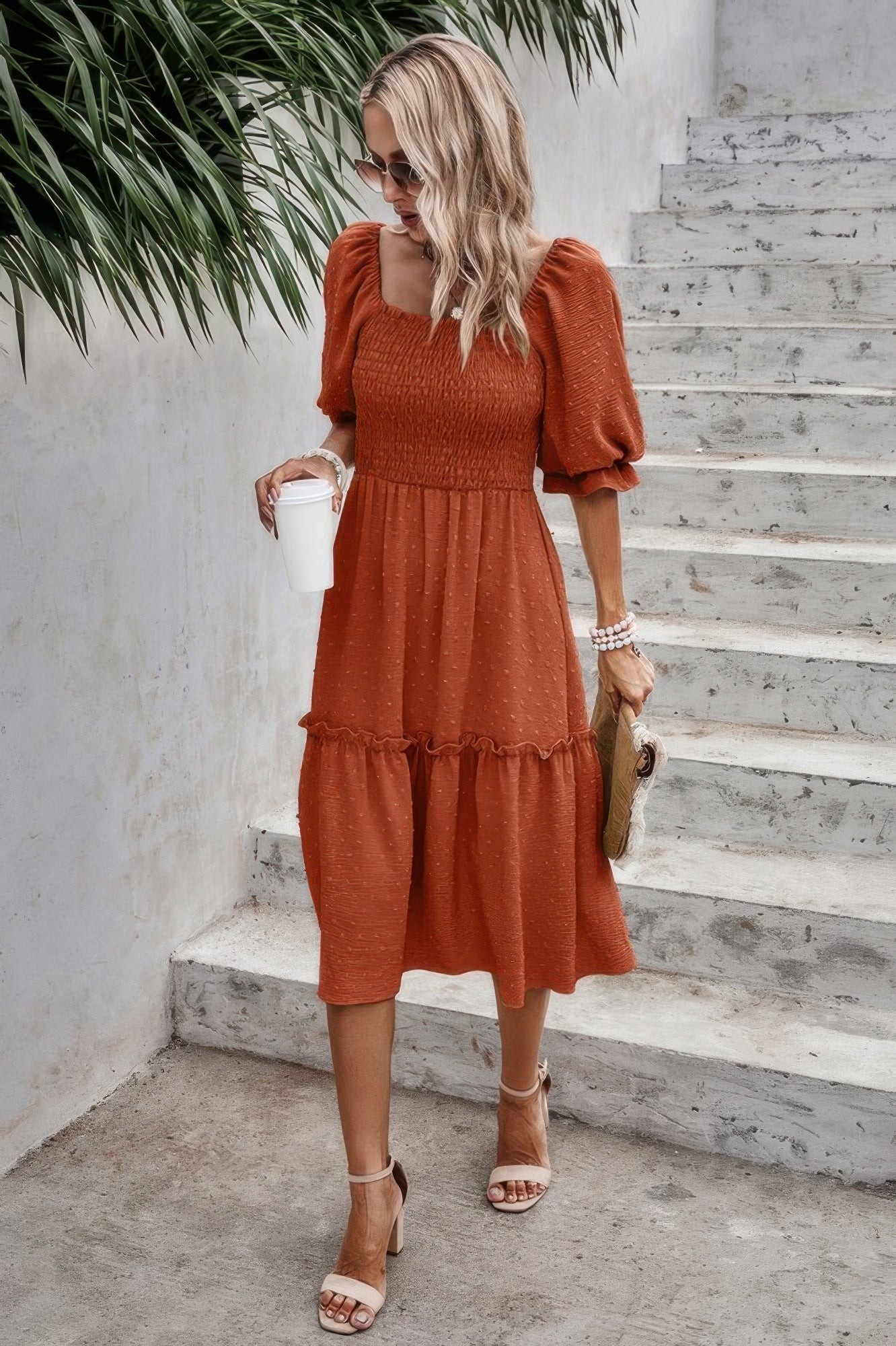 Square Neck Puff Sleeve Ruffle Hem Dress - Tigbul's Variety Fashion Shop