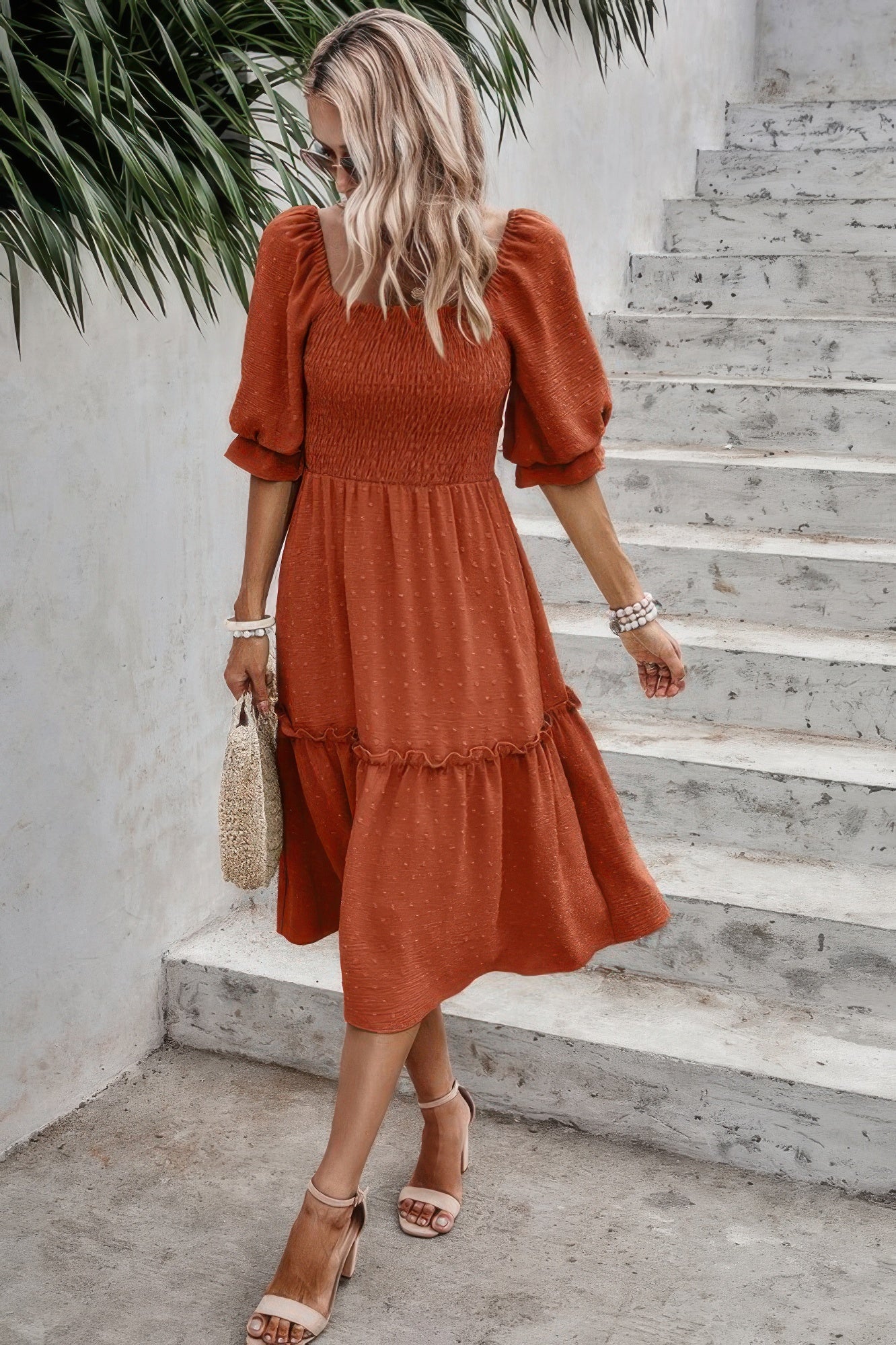 Square Neck Puff Sleeve Ruffle Hem Dress - Tigbul's Variety Fashion Shop