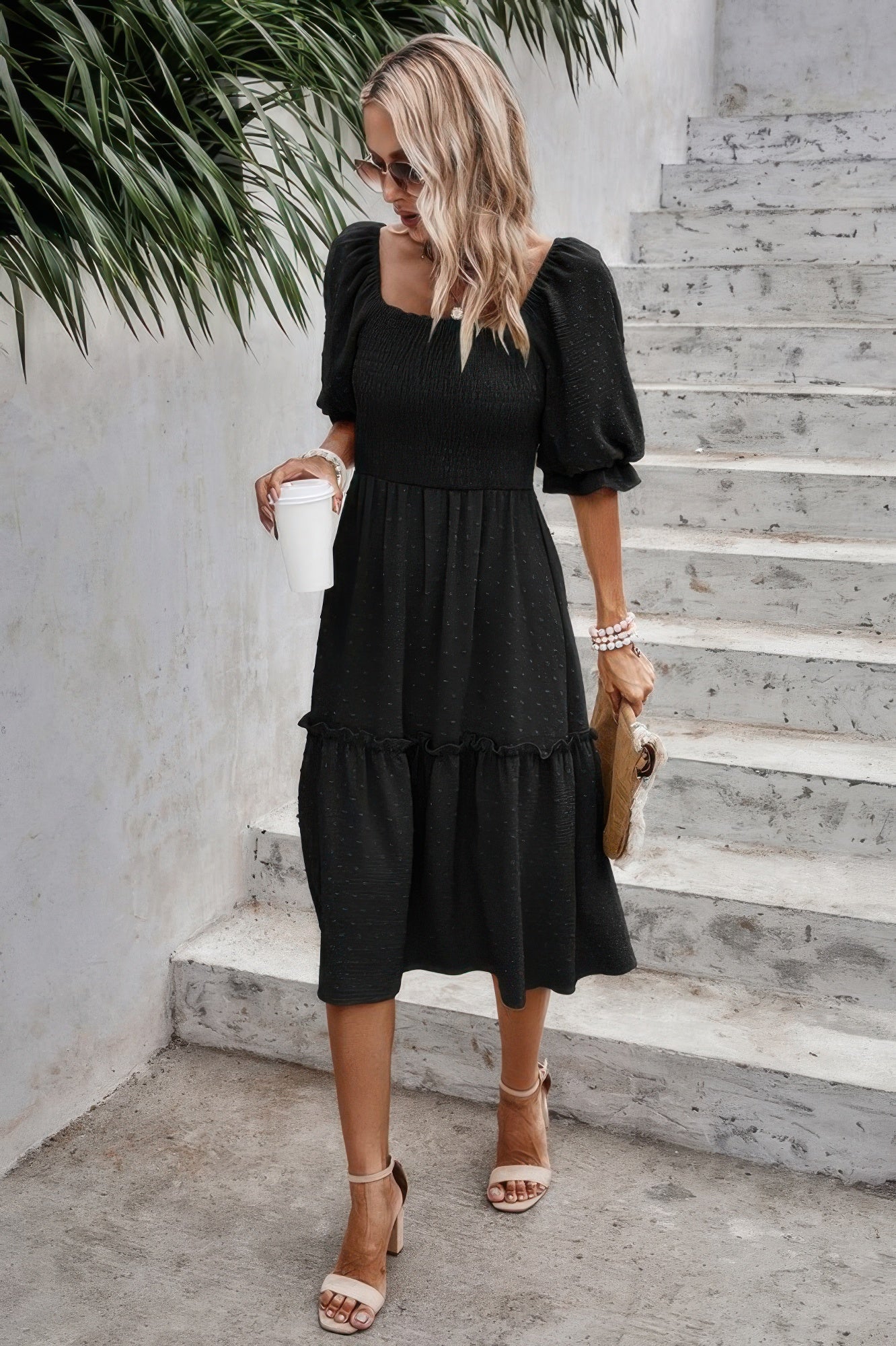 Square Neck Puff Sleeve Ruffle Hem Dress - Tigbul's Variety Fashion Shop