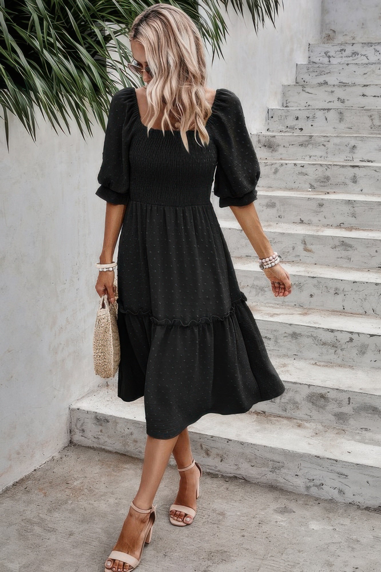 Square Neck Puff Sleeve Ruffle Hem Dress - Tigbul's Variety Fashion Shop