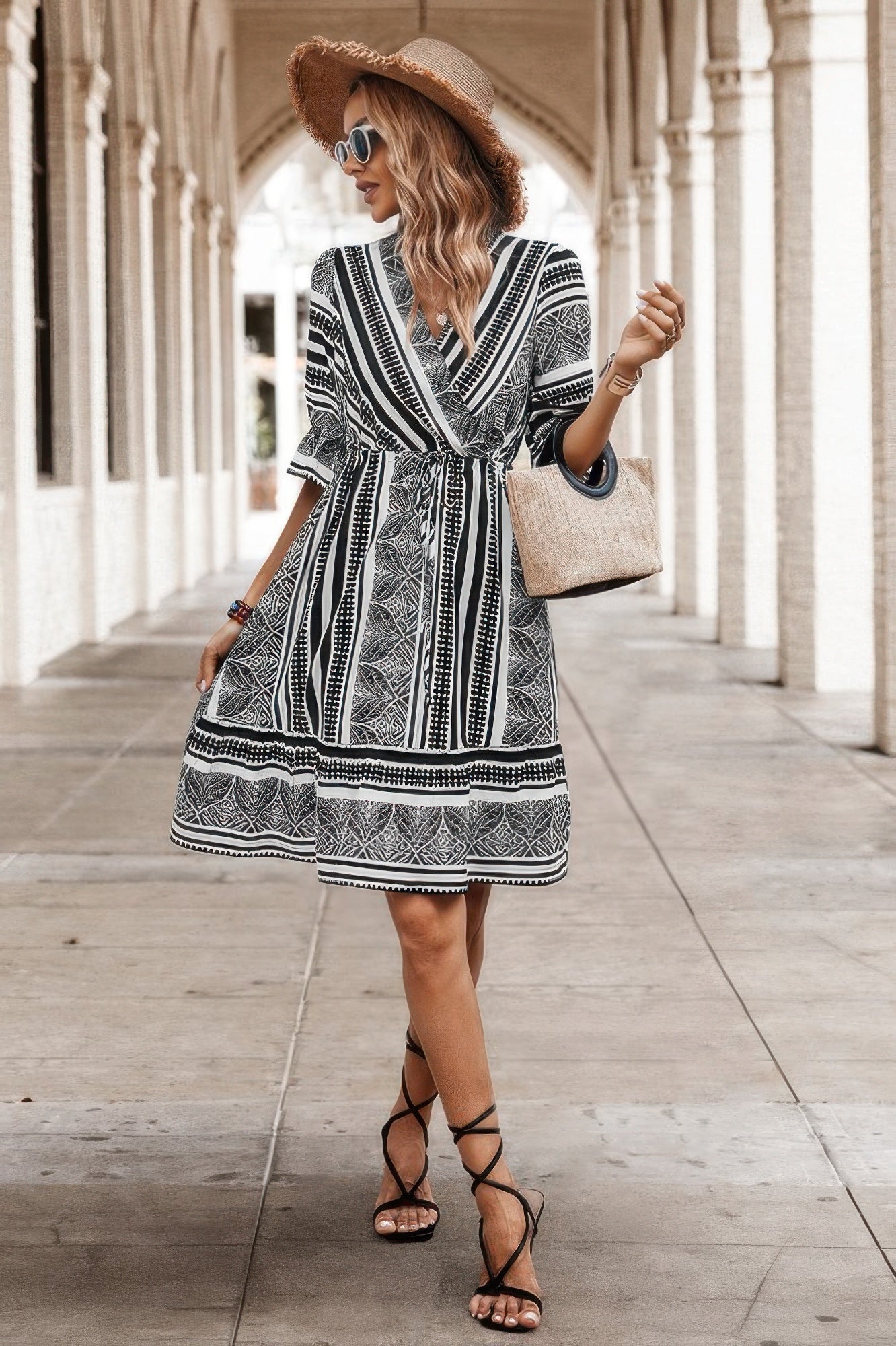 Allover Print Surplice Neck Ruffle Hem Fit Dress - Tigbul's Variety Fashion Shop