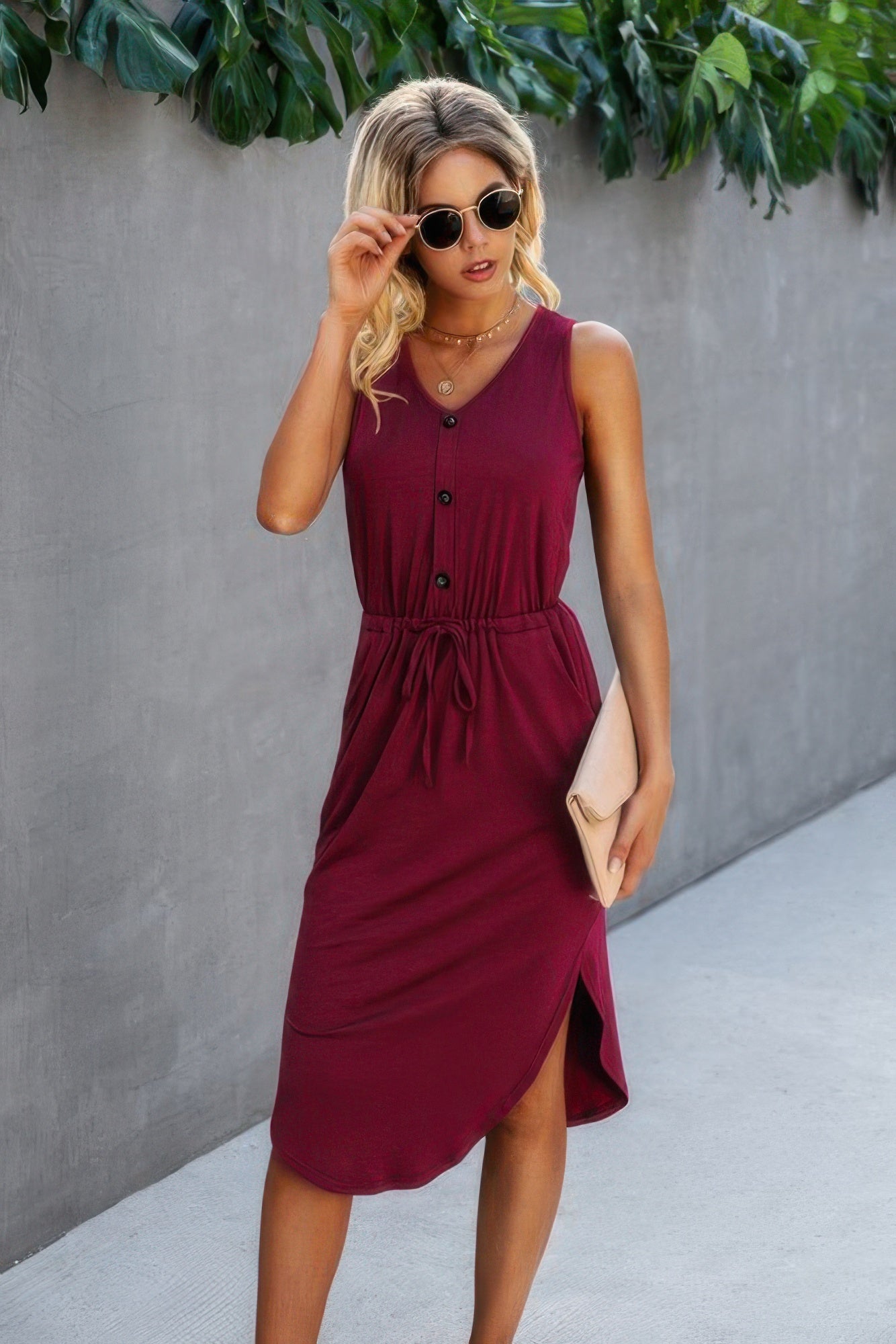 Solid V Neck Drawstring Waist Curved Hem Dress - Tigbul's Variety Fashion Shop