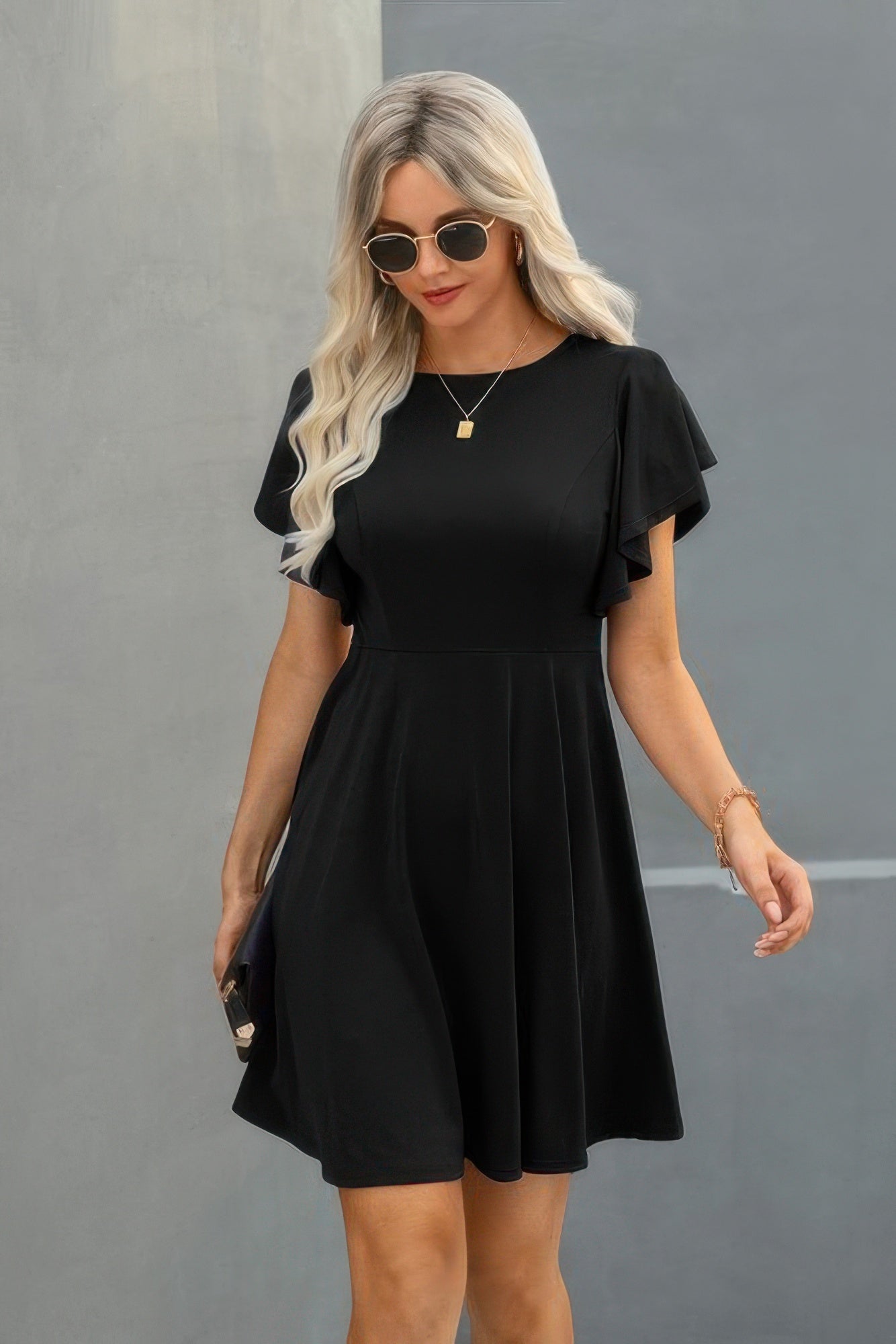 Elegant Solid Crew Neck Butterfly Sleeve Slim Dress - Tigbul's Variety Fashion Shop