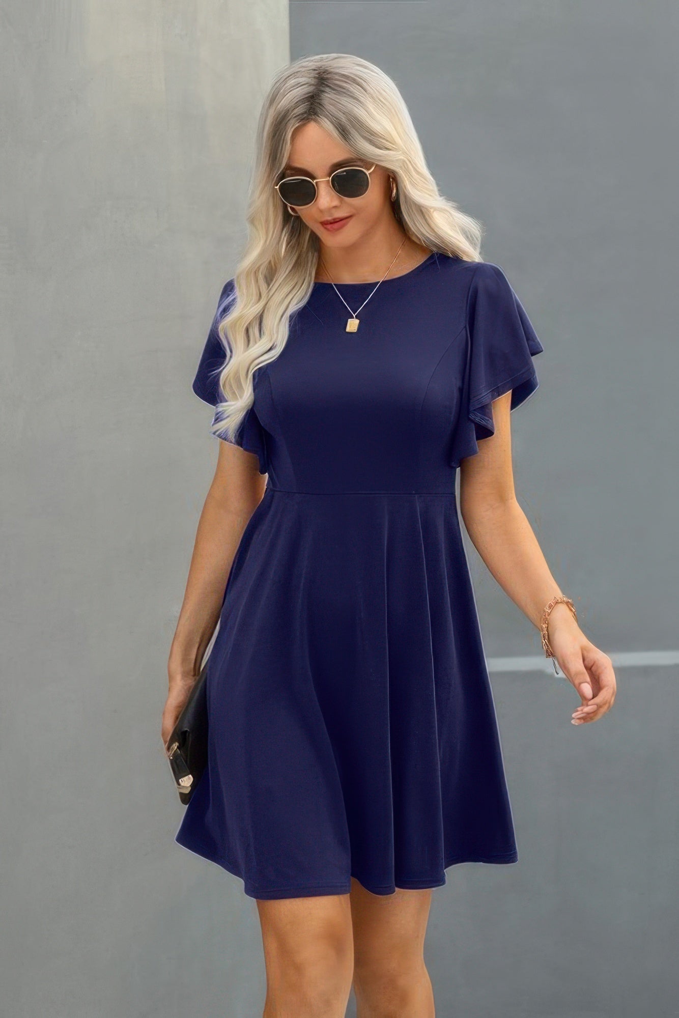 Elegant Solid Crew Neck Butterfly Sleeve Slim Dress - Tigbul's Variety Fashion Shop
